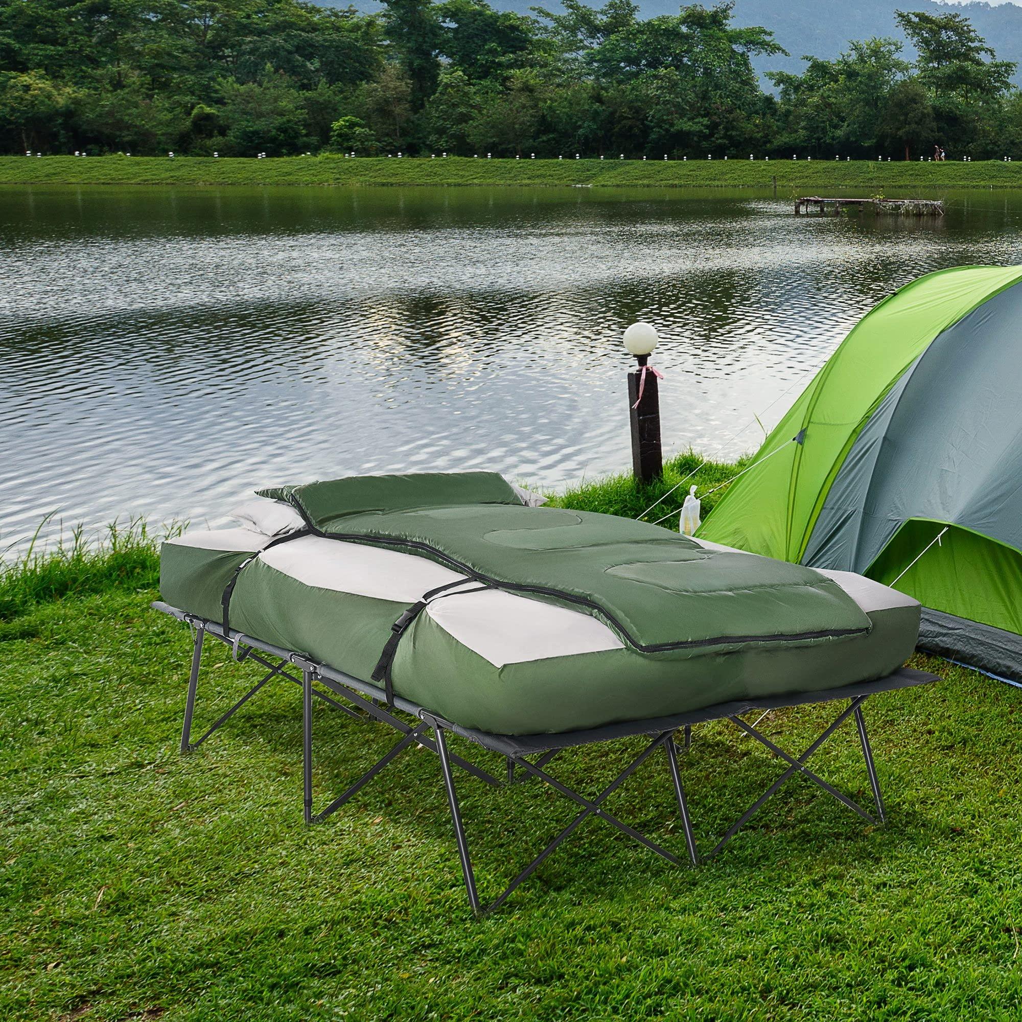 Outsunny 2-Person Folding Camping Cot Portable Outdoor Bed Set with Sleeping Bag, Inflatable Air Mattress, Comfort Pillows and Carry Bag, Soft and Comfortable for Outdoor Travel Camp Beach Vacation - Image 2