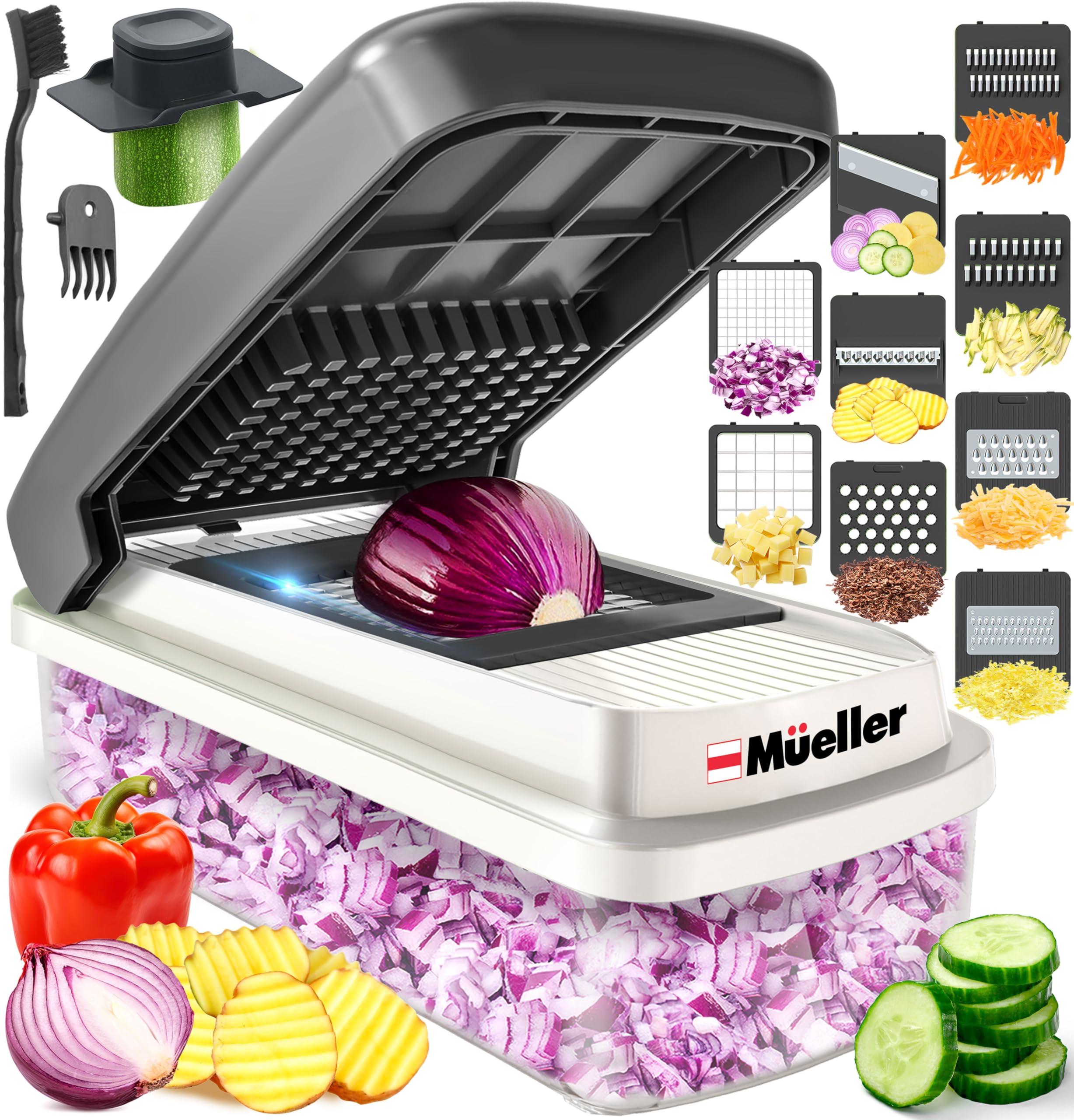 Mueller Vegetable Chopper Mandoline Slicer, Food Veggie Chopper, Cheese Grater, Onion Vegetable Cutter with Container, Dicer, Kitchen Gadgets & Essentials, White Sand/Grey - Image 1