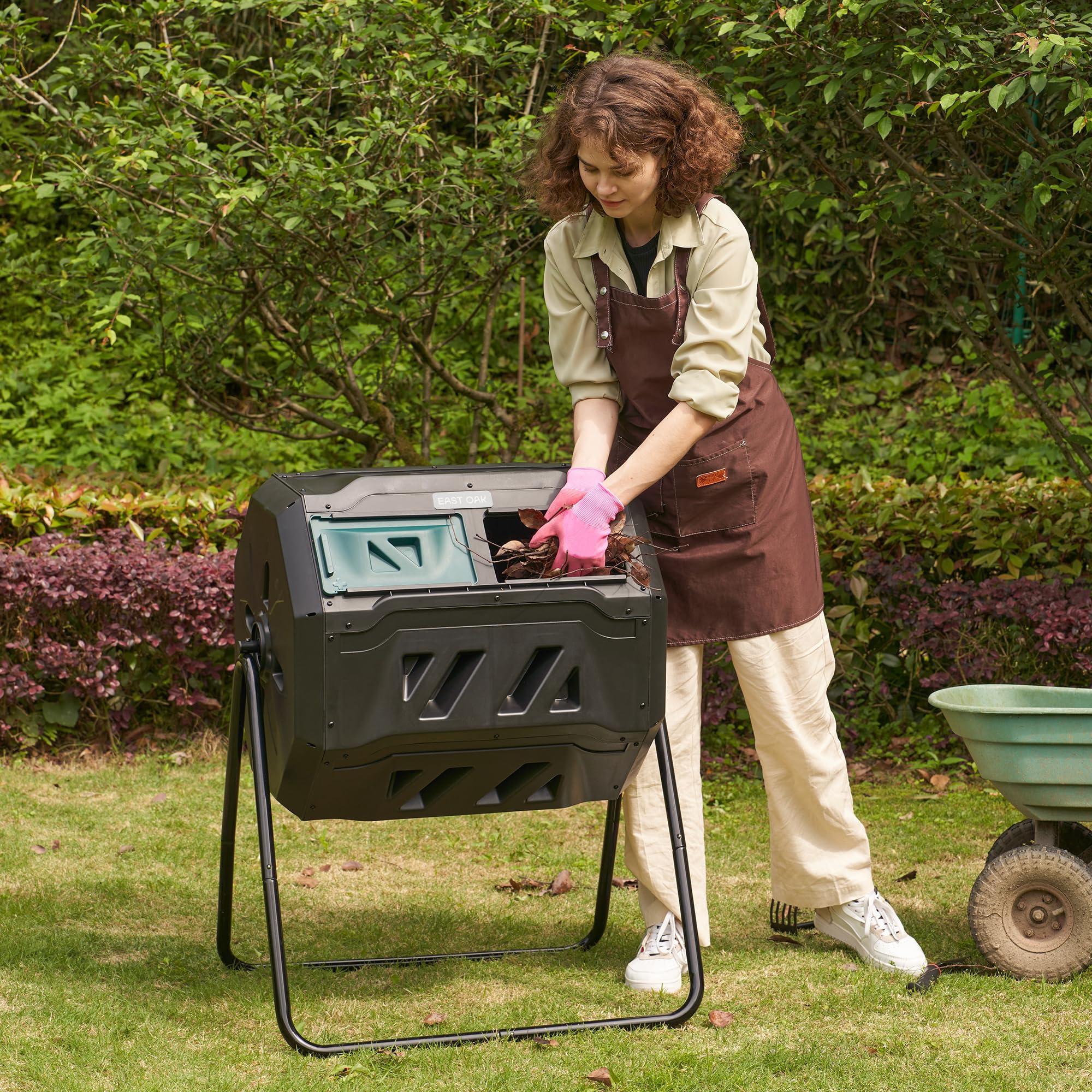 EAST OAK Compost Tumbler Outdoor, 43-Gal Dual Chamber Compost Bin with 2 Sliding Door and Aeration System, Tumbling Rotating Composter Bin for Kitchen, Garden, Yard - Image 2