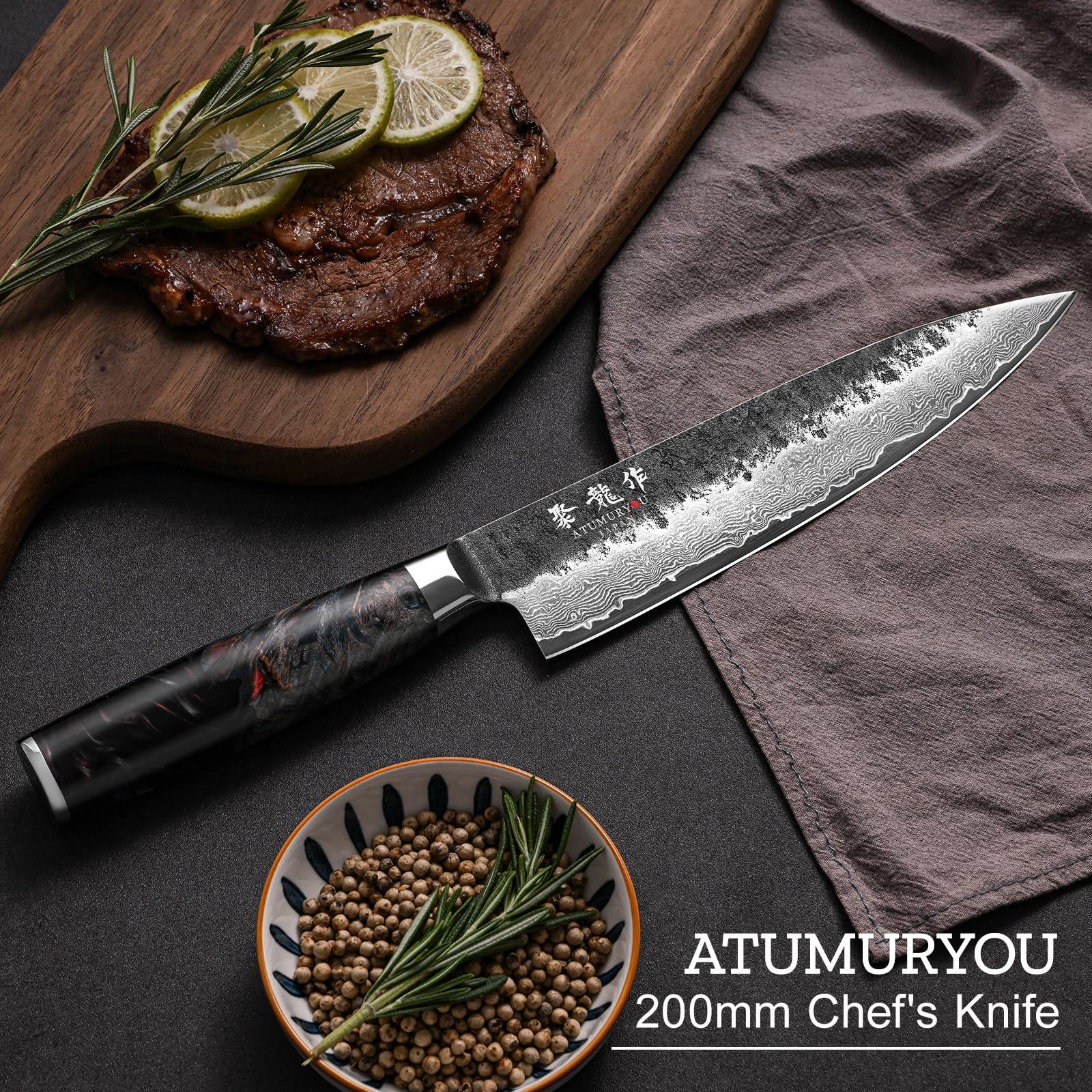 Japanese Chef Knife, 8 Inch Damascus Kitchen Knife with VG10 Steel Core, Professional Black Forged Kitchen Knives with Ergonomic Handle, Leather Sheath & Luxury Gift Box, Birthday Gifts for Men Women - Image 7