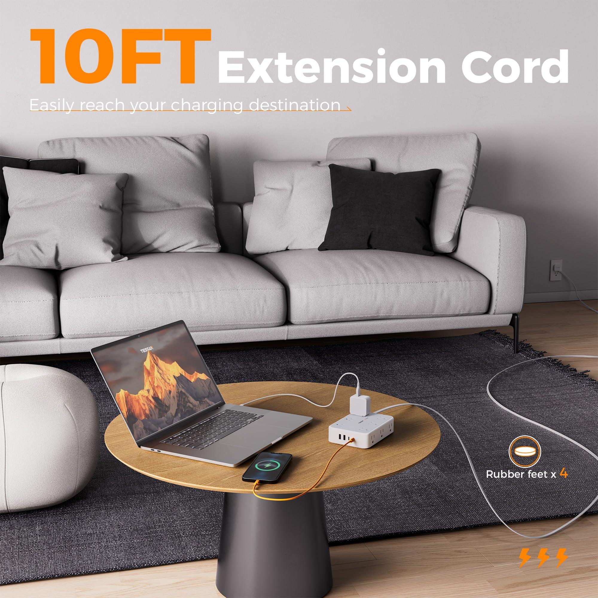 TESSAN Extension Cord 10 ft Surge Protector Power Strip, 12 Outlet Extender with 4 USB (2 USB C), 1800 Joules Protection, Flat Plug, Flat Extension Cord with Multiple Outlets, for Home, Office, Dorm - Image 2