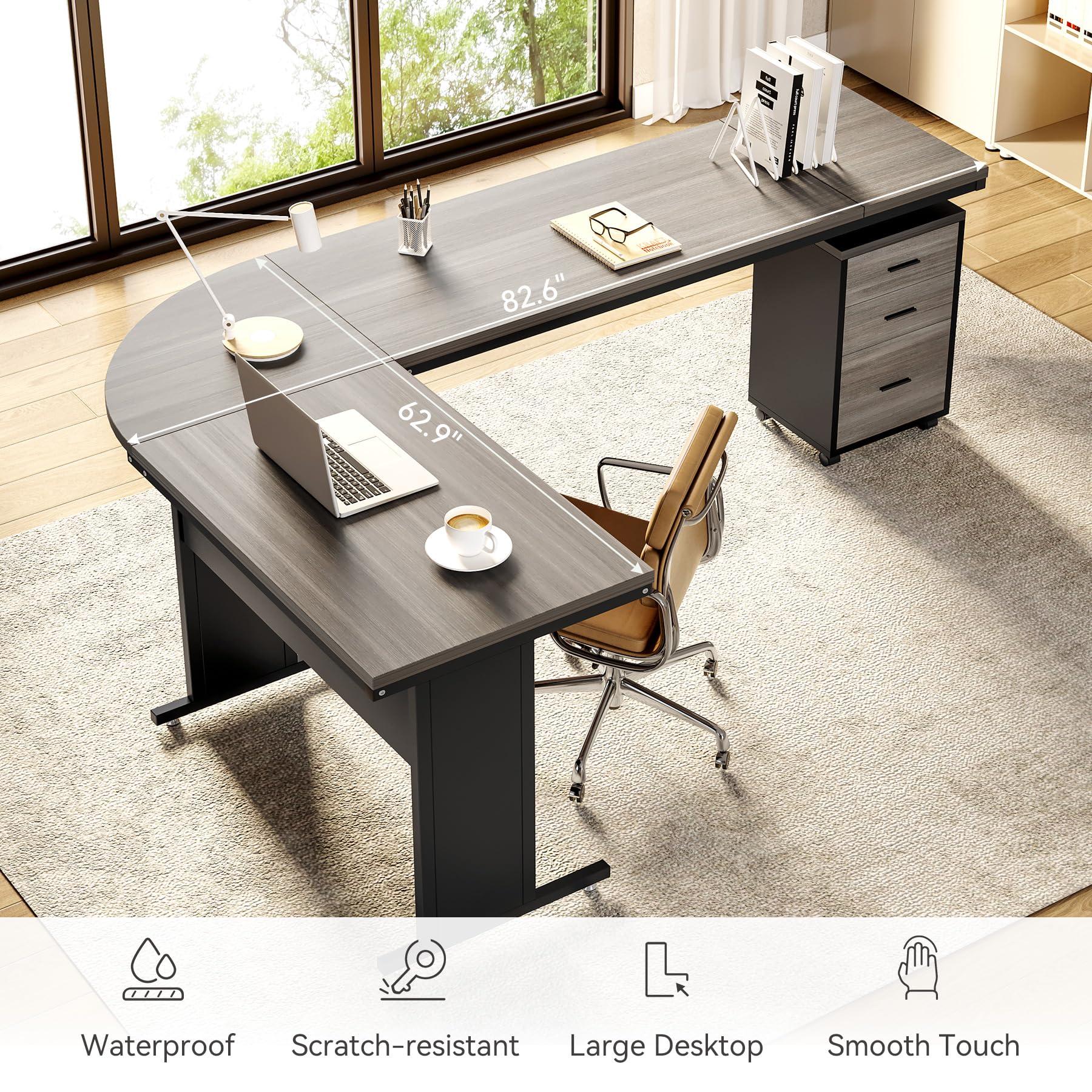 LITTLE TREE 82.67" Long Executive Desk with Drawers, Large L-Shaped Office Desk with Mobile File Cabinet, Farmhouse Computer Office Furniture Work Desk with Storage for Home Office, Gray - Image 7