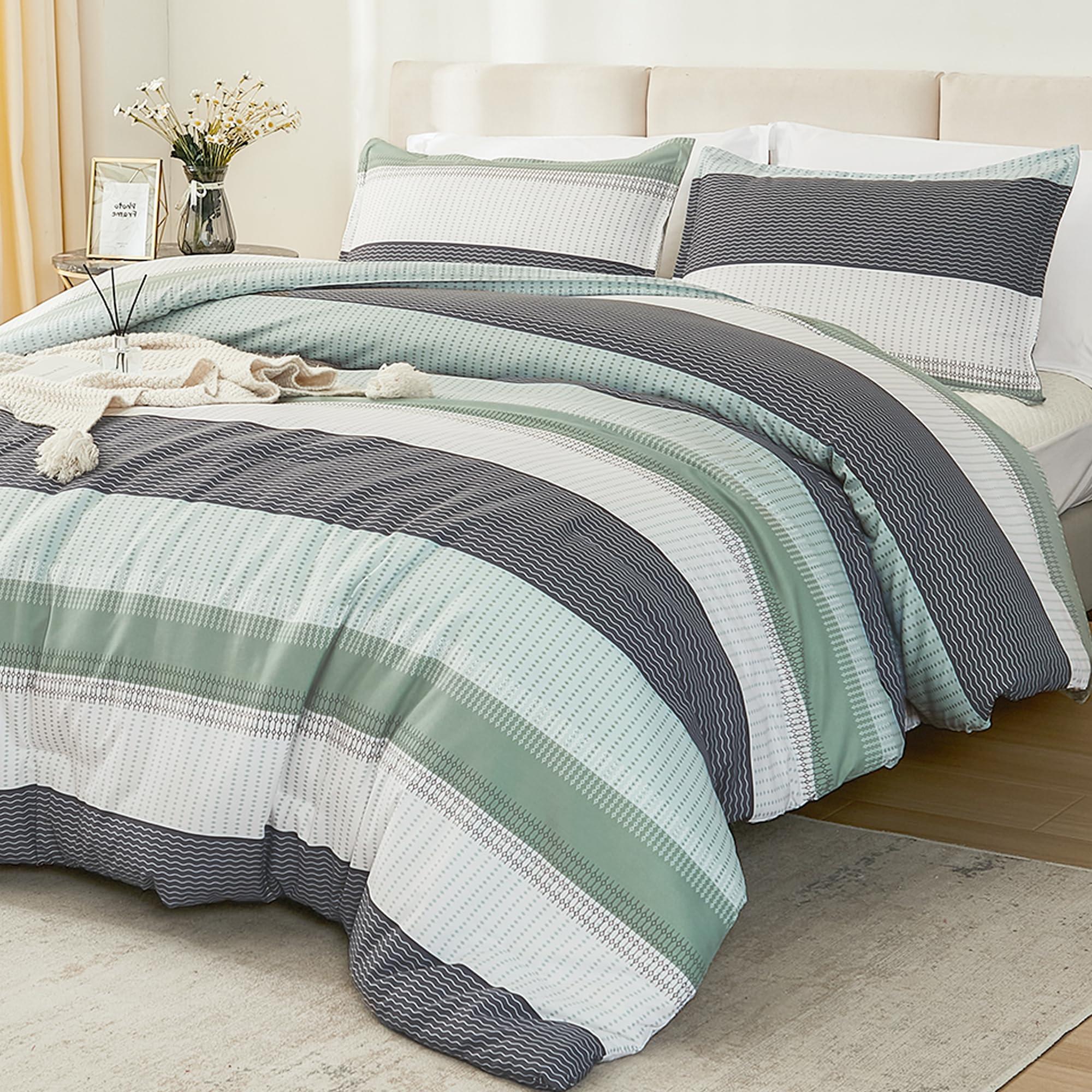 Litanika Queen Comforter Set Sage Green - 3 Pieces Lightweight Quilt Bedding Comforter Sets, Light Green White Colorblock Stripe Fluffy Bed Set, All Season Down Alternative