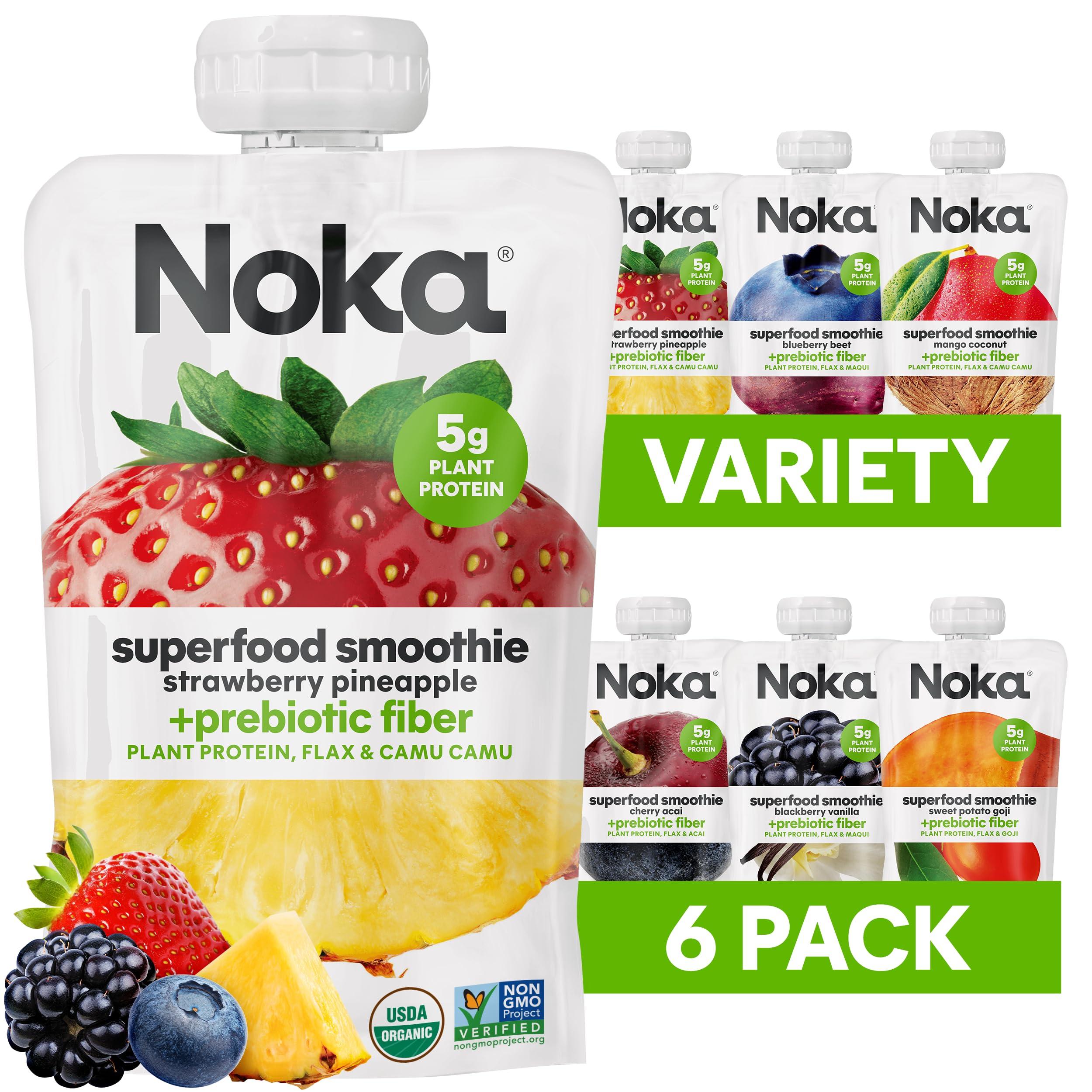 Noka Superfood Fruit Smoothie Pouches Variety Pack, Healthy Snacks with Flax Seed, Plant Protein and Prebiotic Fiber, Vegan and Gluten Free Snacks, Organic Squeeze Pouch, 4.22 oz, 6 Count