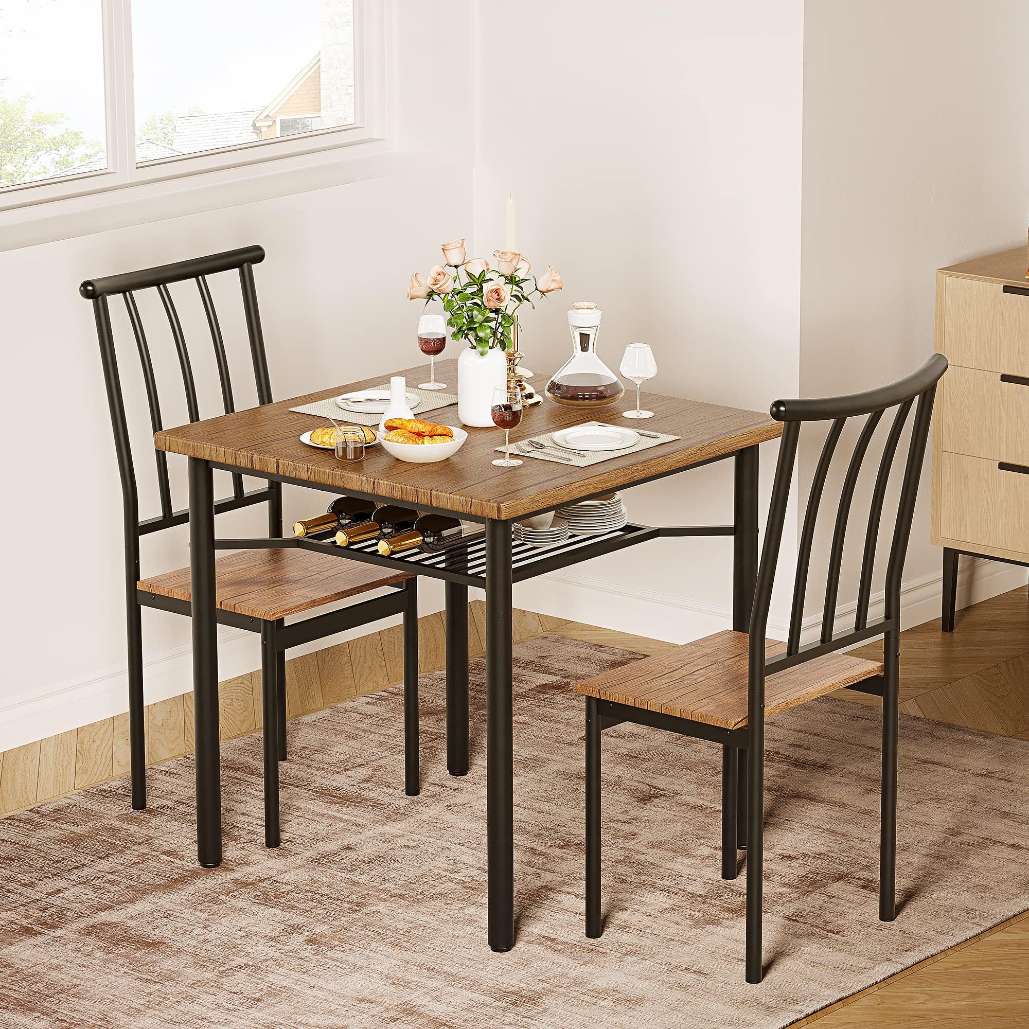 IDEALHOUSE Dining Table Set, Kitchen Table and Chairs for 2 with Wine Rack, 3 Piece Metal and Wood Square Dining Room Table Set for Small Space, Apartment, Rustic Brown - Image 3