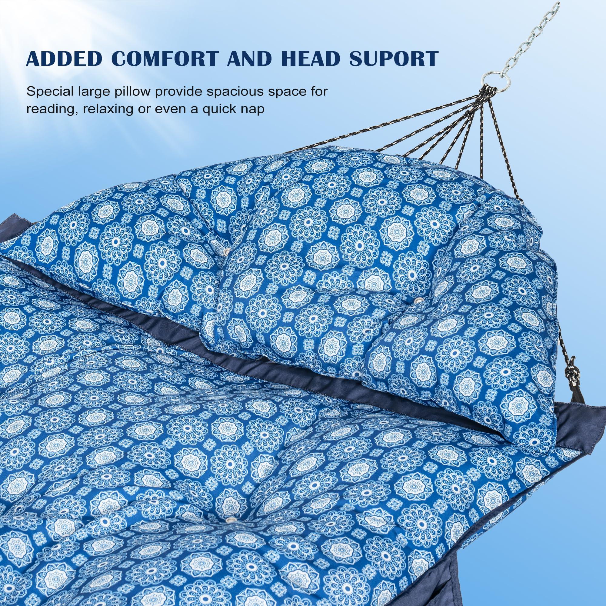 Lazy Daze Hammocks Deluxe 12 FT Thickened Fabric Hammock with Curved Aluminium Spreader, Outside Double Hammock with Large Soft Pillow, Side Pocket 450 Lbs Capacity for Patio, Blue Floral - Image 4