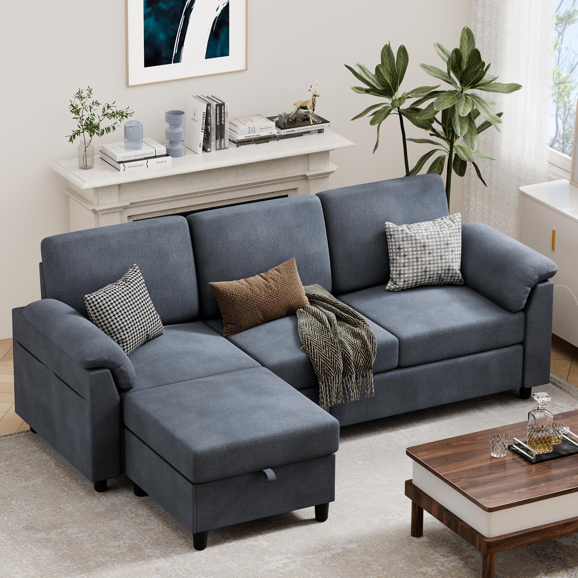 Vongrasig 79" Convertible Sectional Couch Sofa with Storage Ottoman, 3 Seat L Shaped Couch with Side Storage Pockage, Linen Fabric Small Couches for Living Room, Apartment and Small Space, Gre