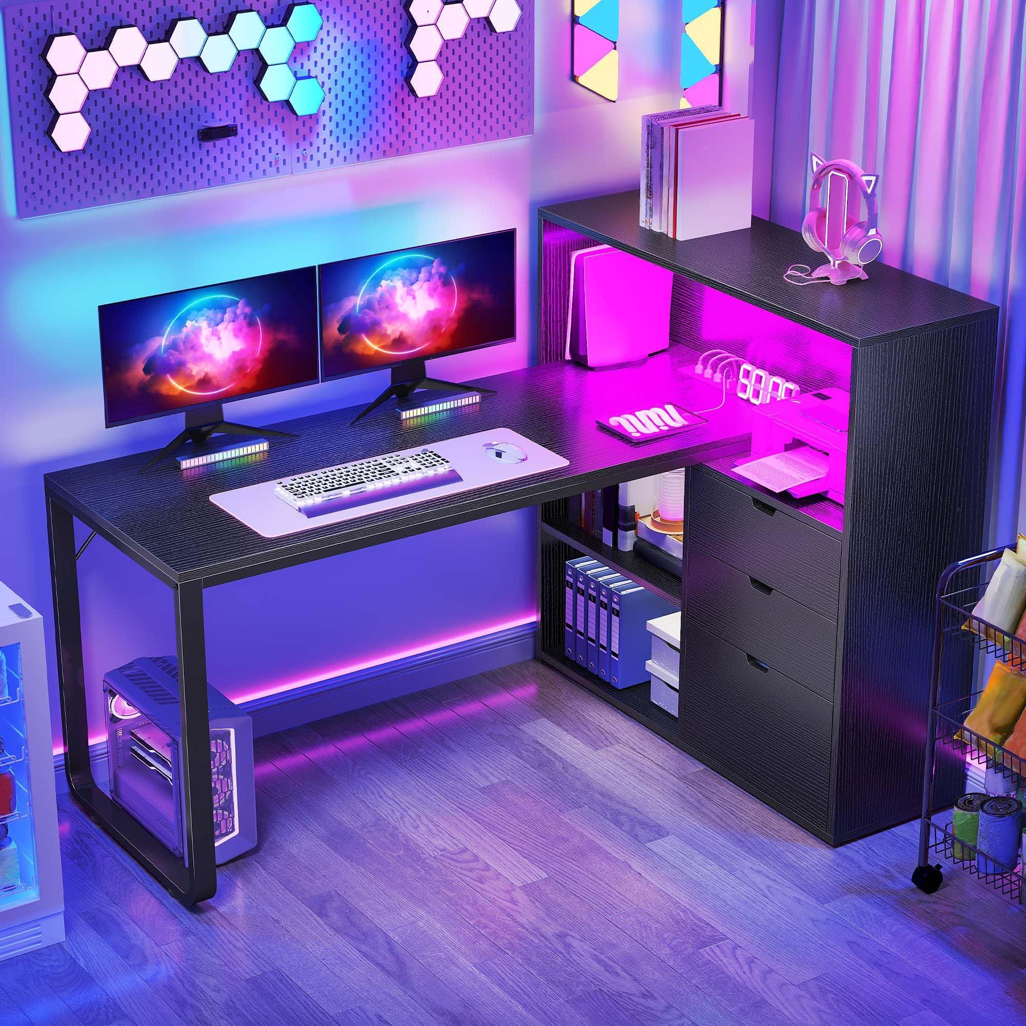 DWVO L Shaped Desk with Drawers & Power Outlets, 55" Computer Desk with Bookshelf, Corner Desk Home Office Desk with Storage Shelves & LED Lights, Black