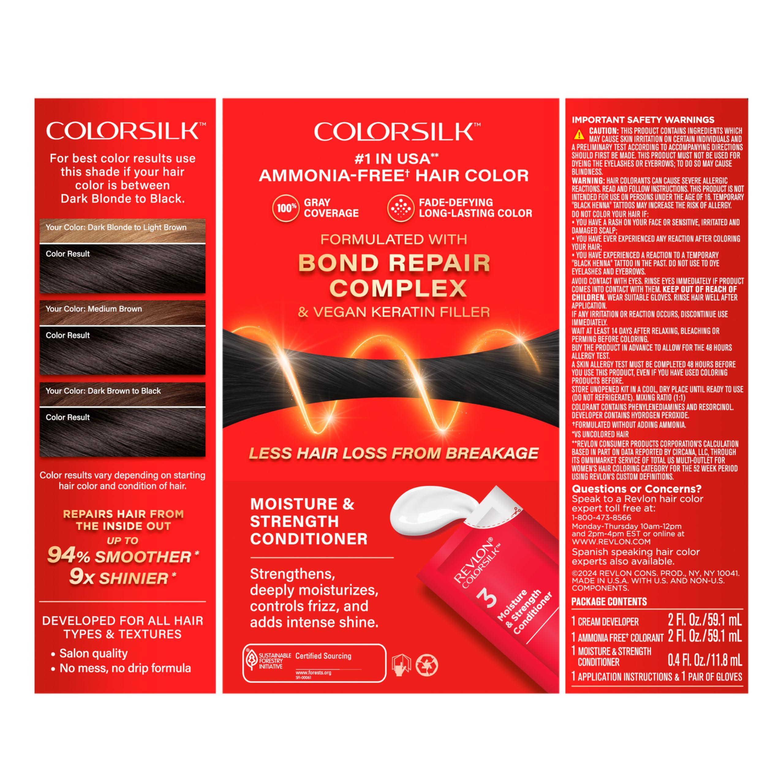 Revlon ColorSilk with Bond Repair Complex, Black Permanent Hair Color, 100% Gray Coverage, Ammonia Free Hair Dye, Vegan Keratin, 11 Soft Black (Pack of 3) - Image 12