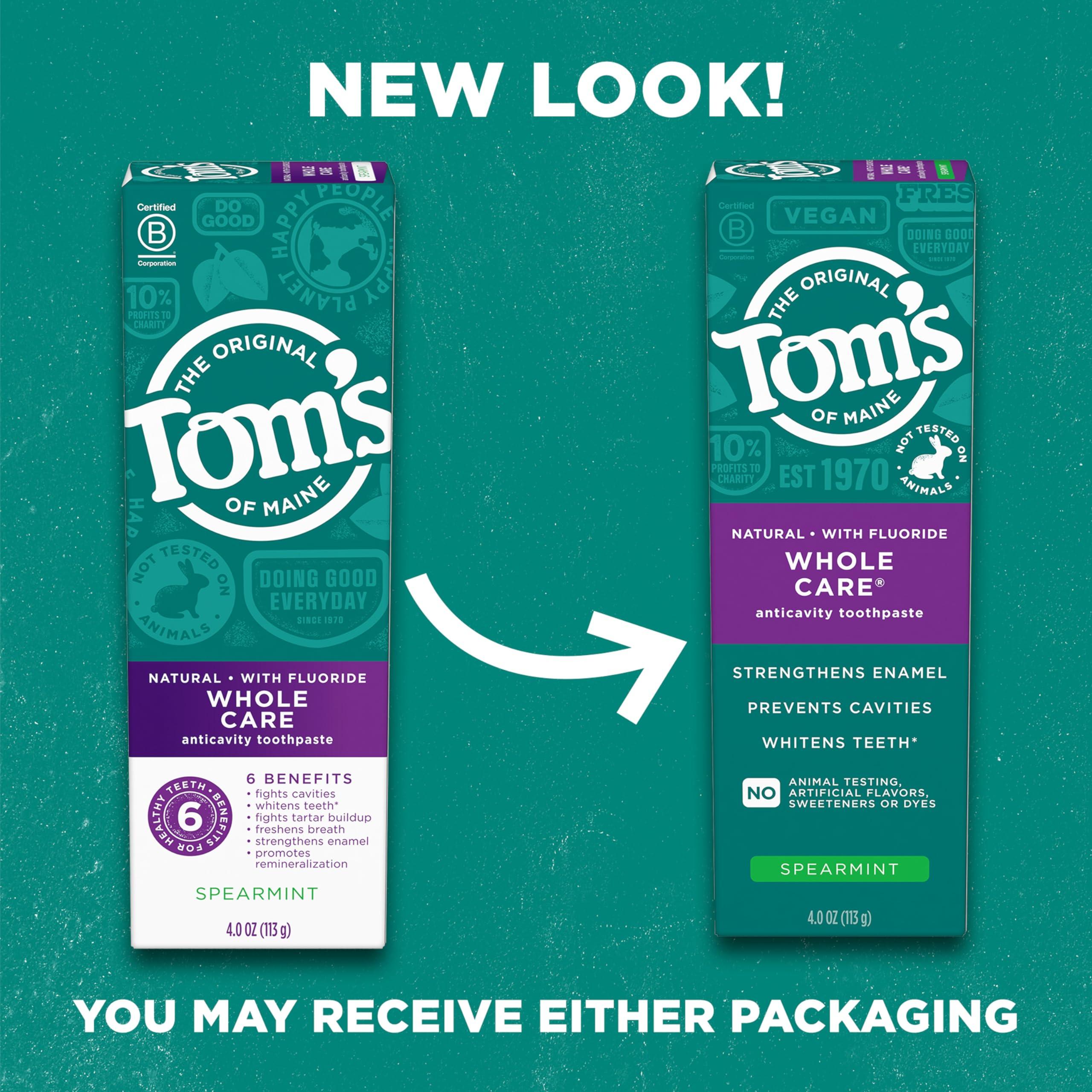 Tom's of Maine Whole Care Natural Toothpaste with Fluoride, Spearmint, 4 Ounce (Pack of 3), (Packaging May Vary) - Image 3