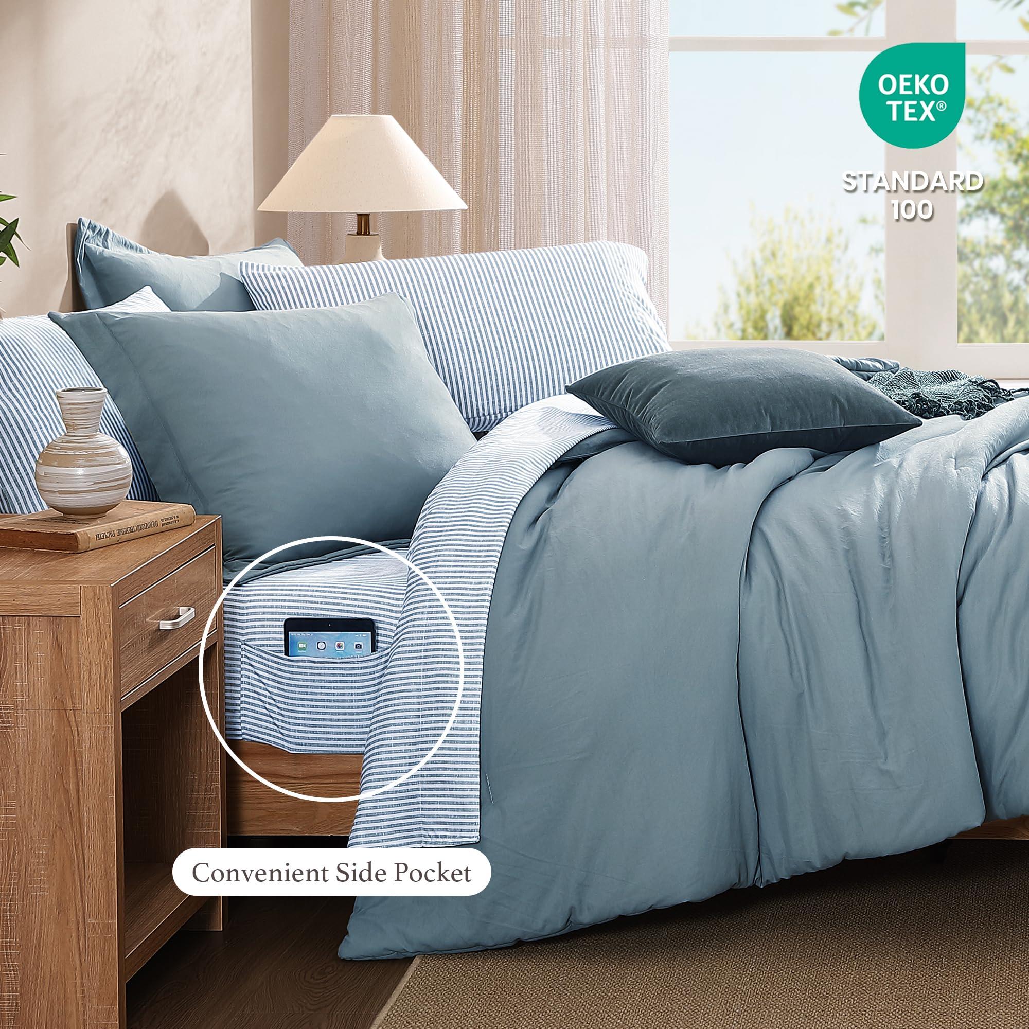 Monbix Queen Comforter Set - 7 Pieces Dusty Blue Prewashed Bed in a Bag Queen Bedding Sets with Comforters, All Seasons Down Alternative Comforter Bed Set with Sheets,Pillowcases & Shams - Image 5