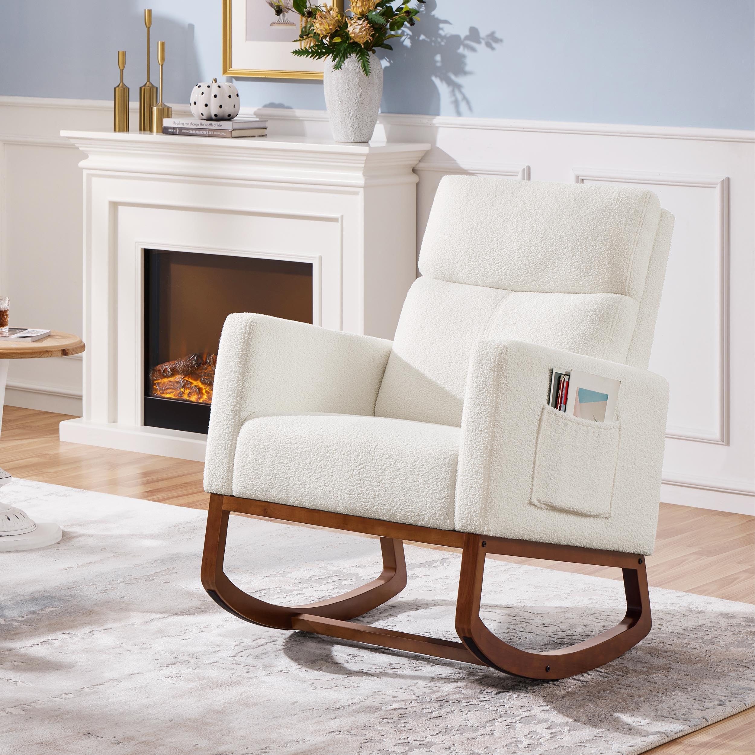 Yaheetech Upholstered Rocking Chair, Boucle Glider Chair Nursery Chair with High Back and Side Pocket, Rocking Accent Armchair with Rubber Wood Legs for Living Room/Bedroom/Nursery, Ivory - Image 3