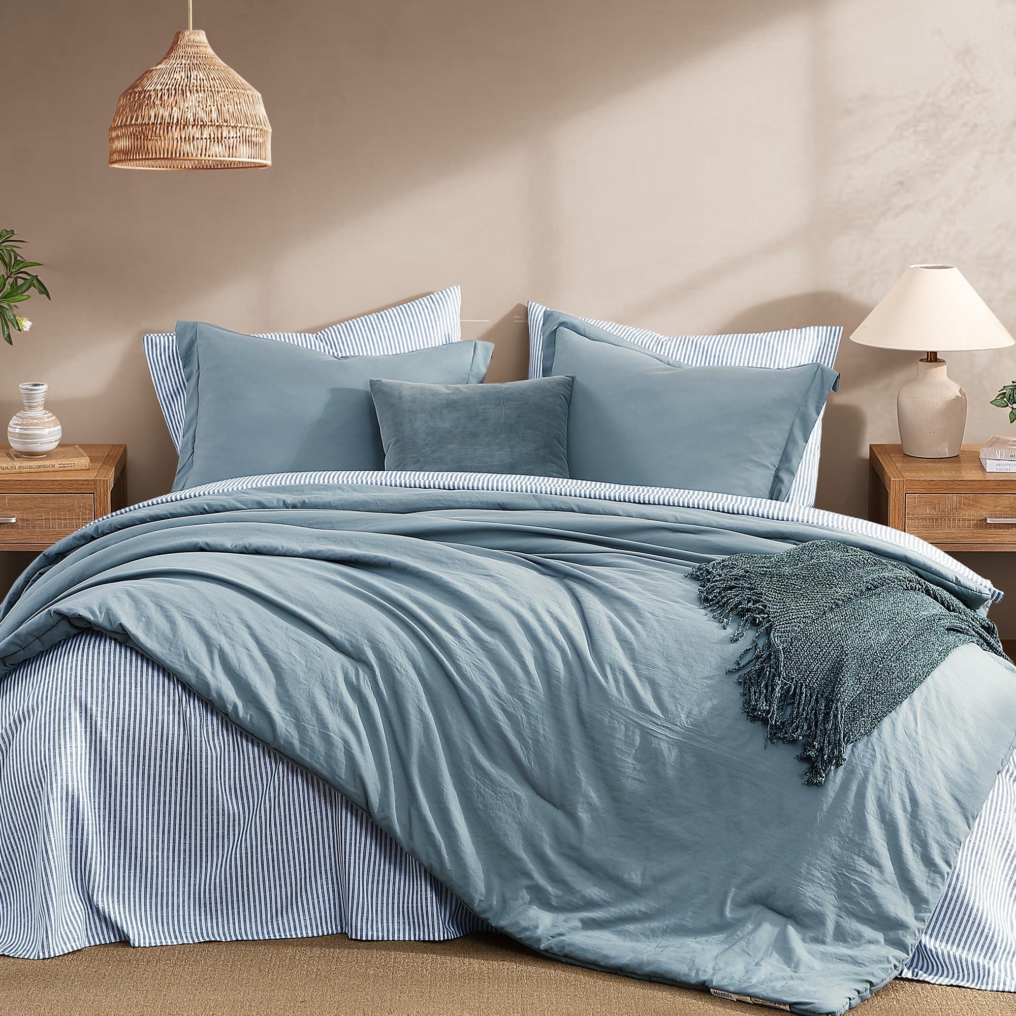 Monbix Queen Comforter Set - 7 Pieces Dusty Blue Prewashed Bed in a Bag Queen Bedding Sets with Comforters, All Seasons Down Alternative Comforter Bed Set with Sheets,Pillowcases & Shams - Image 2