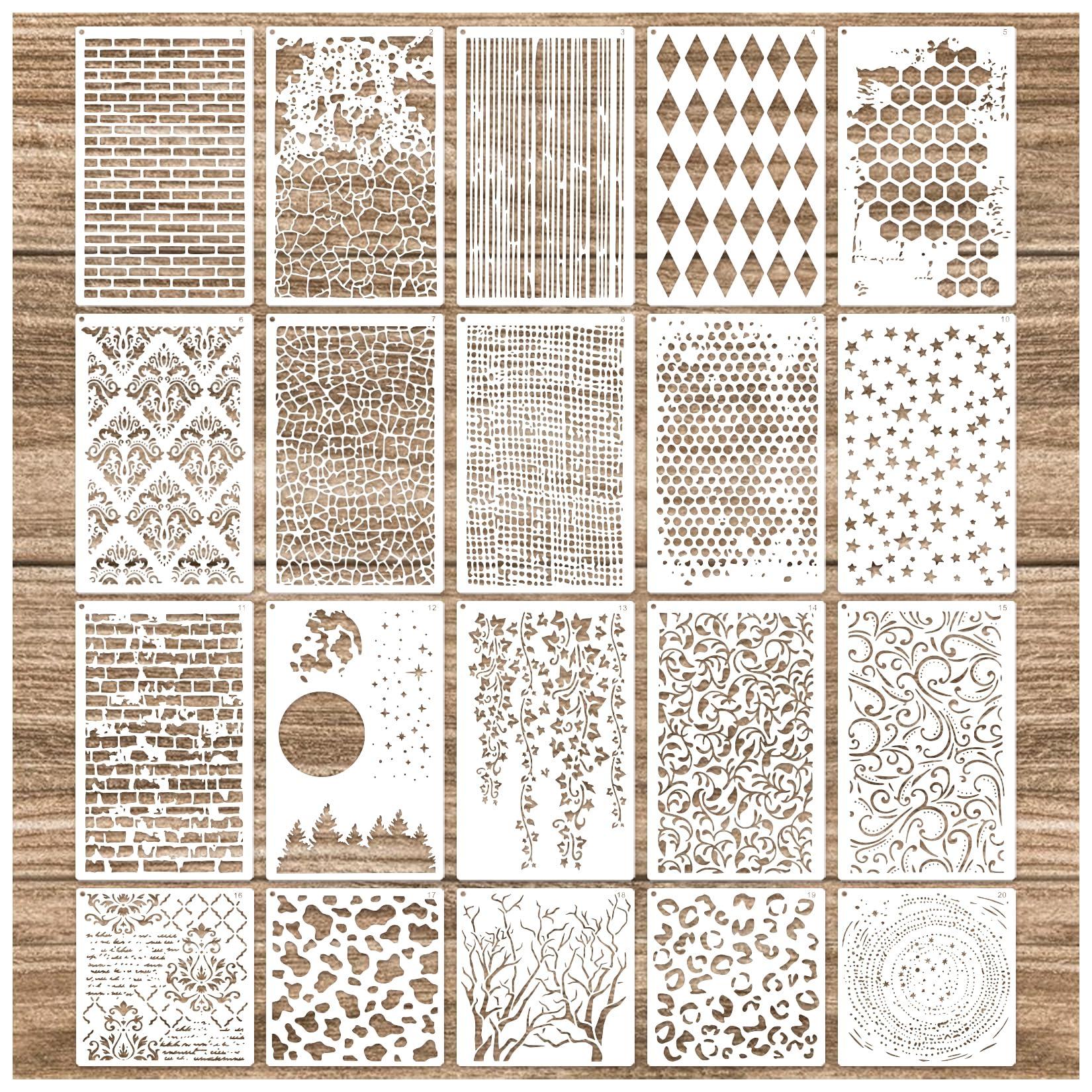 Cubist Mixed Media Layering Stencils for Painting on Wood, Texture Demask Leaf Tree Brick Striped Background Pattern Stencils for Crafts Wall Shoe Cards Canvas Furniture (Texture)