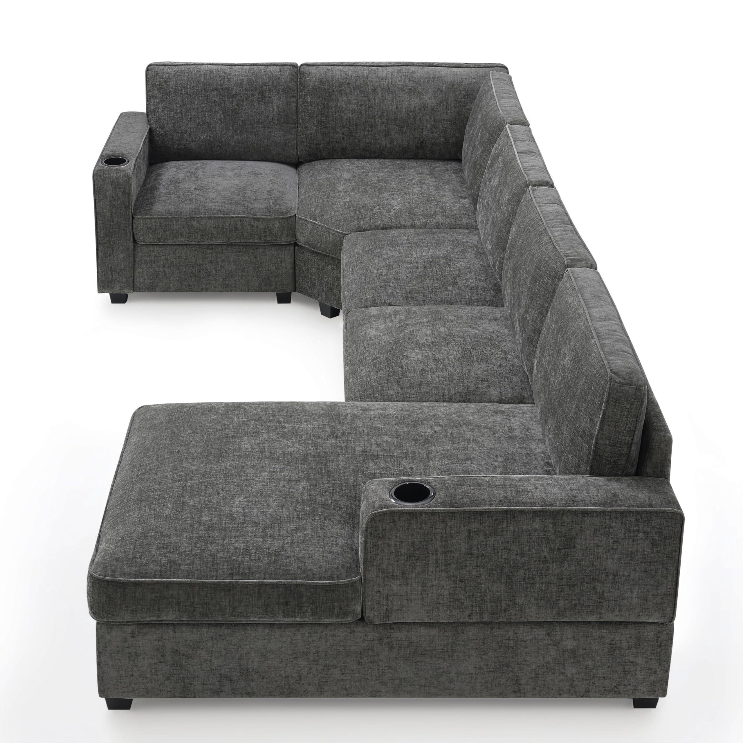 Merax 119" U Shaped Sectional Sofa, 6 Seat Chenille Corner Couch Set with Oversized Chaise Lounge, Comfy with Cup Holders for Living Room, Apartment, Gray - Image 6