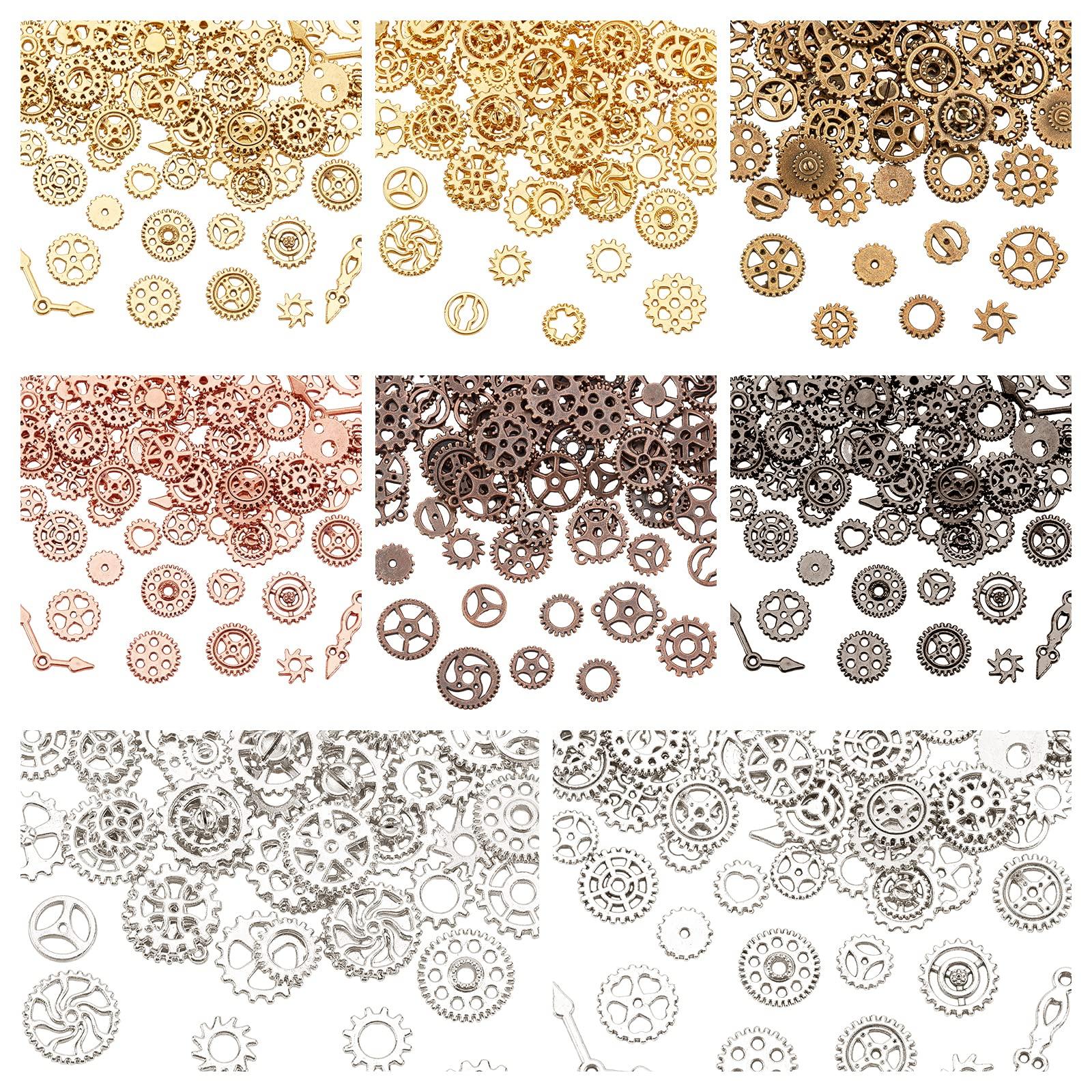 OLYCRAFT 160g 7~18mm Long Antique Steampunk Gears Charms 8-Color Small Wheel Gear Resin Fillers Alloy Mixed Gears Pendants for Resin Crafting, Jewelry Making and Decorations
