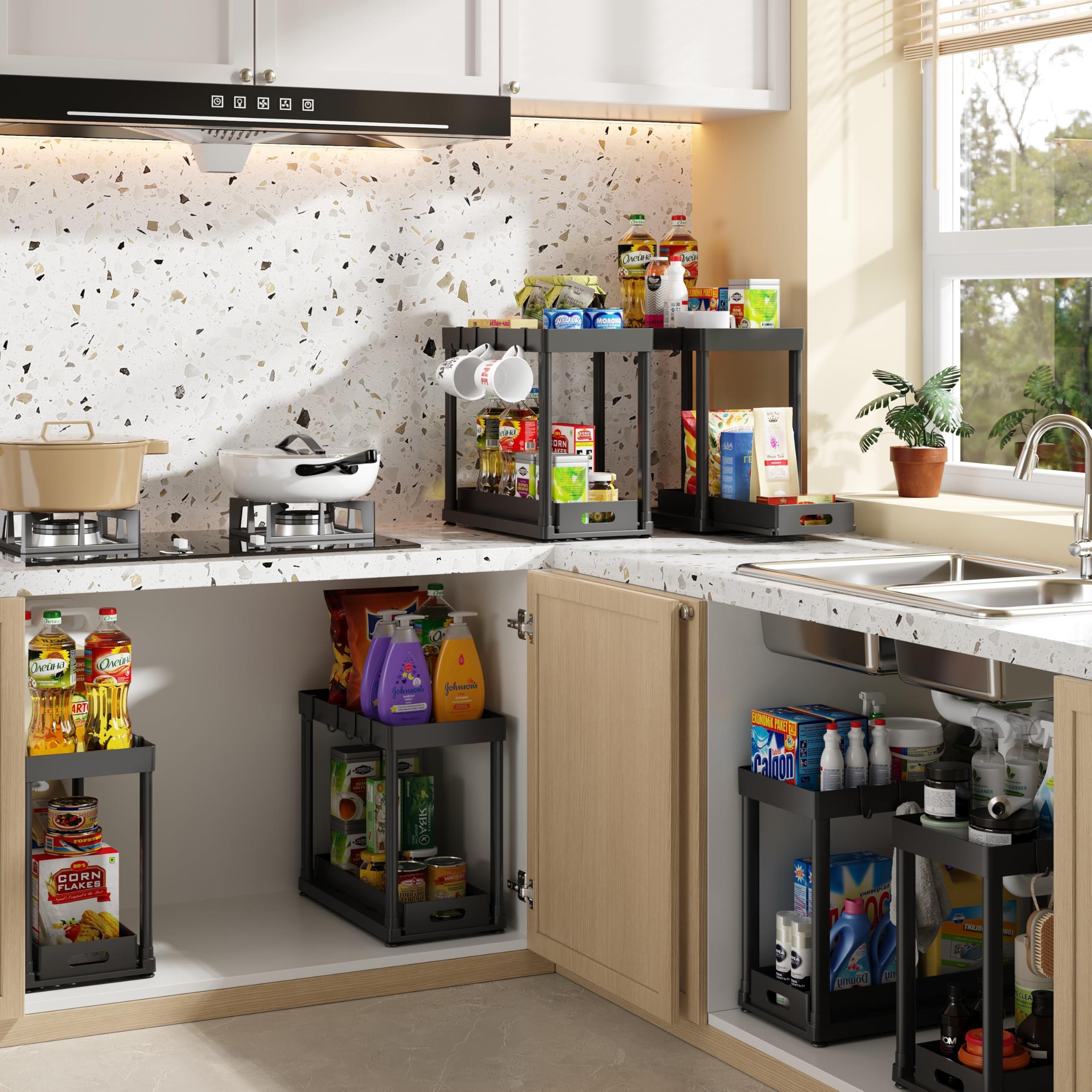 POUGNY 2PC Under Sink Organizer Rack 2 Tier Under Sliding Cabinet Basket Organizer Drawer with 4 Hooks, Multi-purpose Under Sink Storage for Bathroom Kitchen Desktop（Black） - Image 4