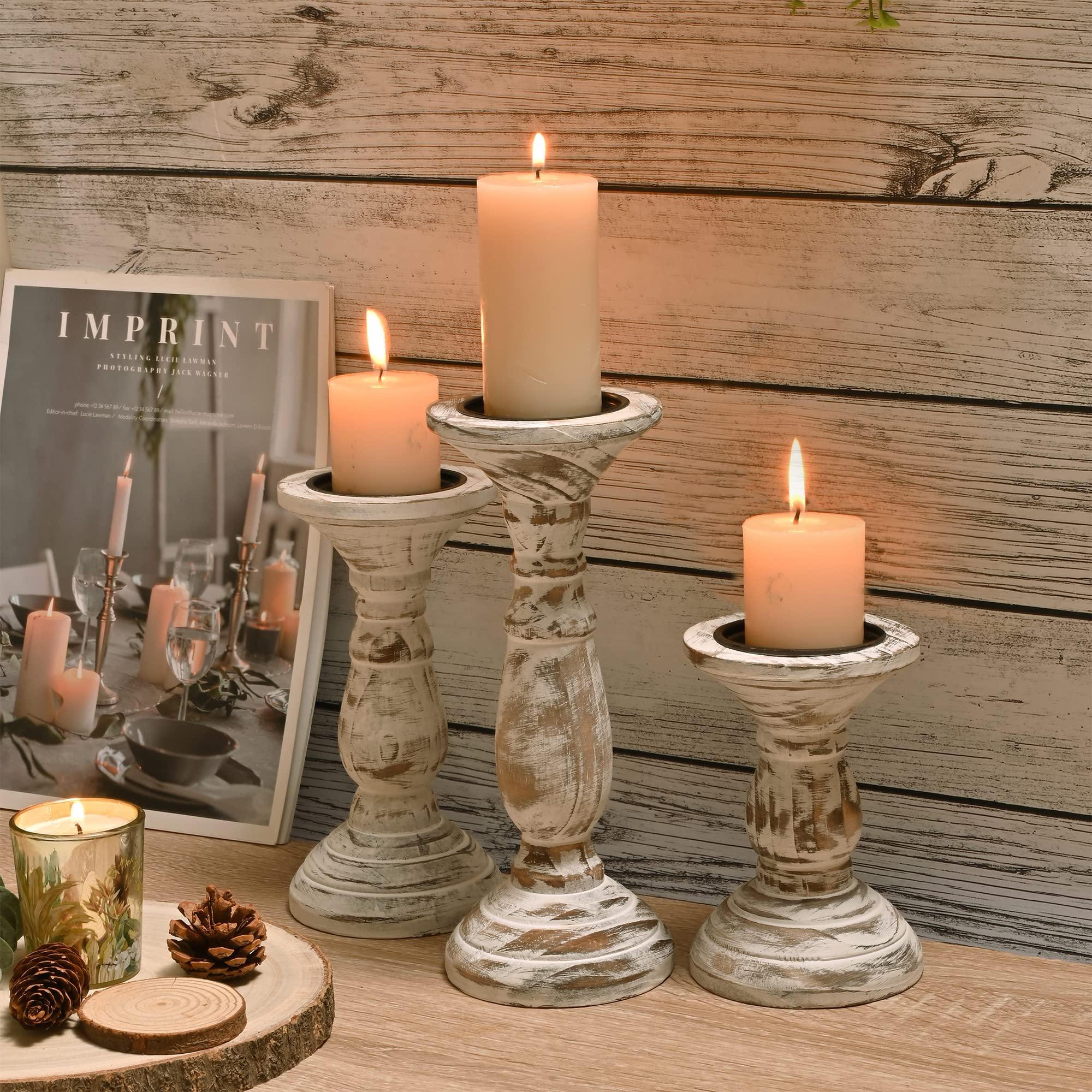 Yorkmills Pillar Candle Holder Set of 3, Farmhouse Decor Living Room Tall Candle Holders for Pillar Candles, Wood Candle Holders for Table Centerpieces White Home Decor Kitchen Dining Room Table Decor - Image 3