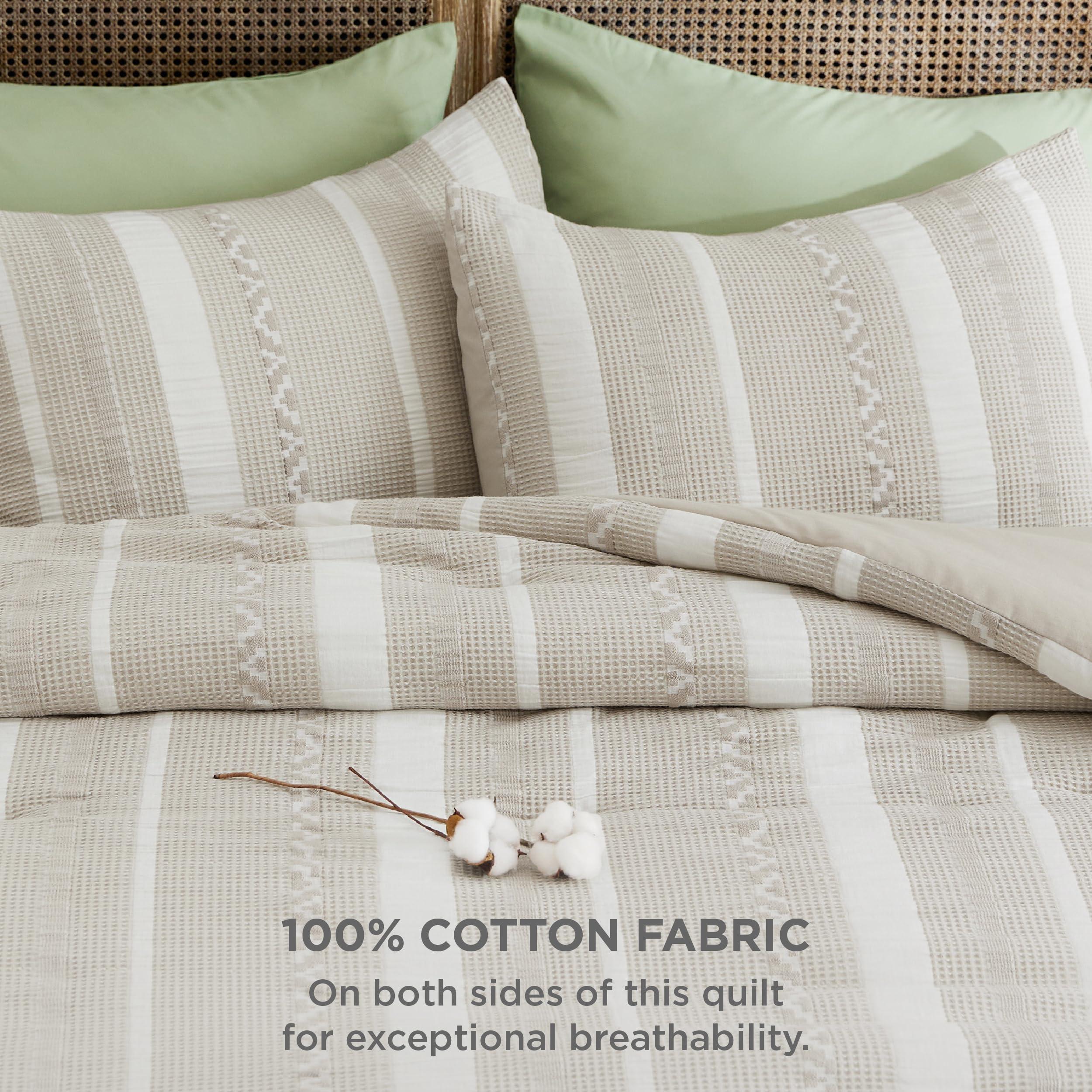 Bedsure Waffle Queen Comforter Set - Linen Soft Cotton Bedding Set for All Seasons, Stripe Fluffy Bed Set 3 Pieces with 1 Waffle Weave Comforter Queen Size and 2 Pillow Shams - Image 4