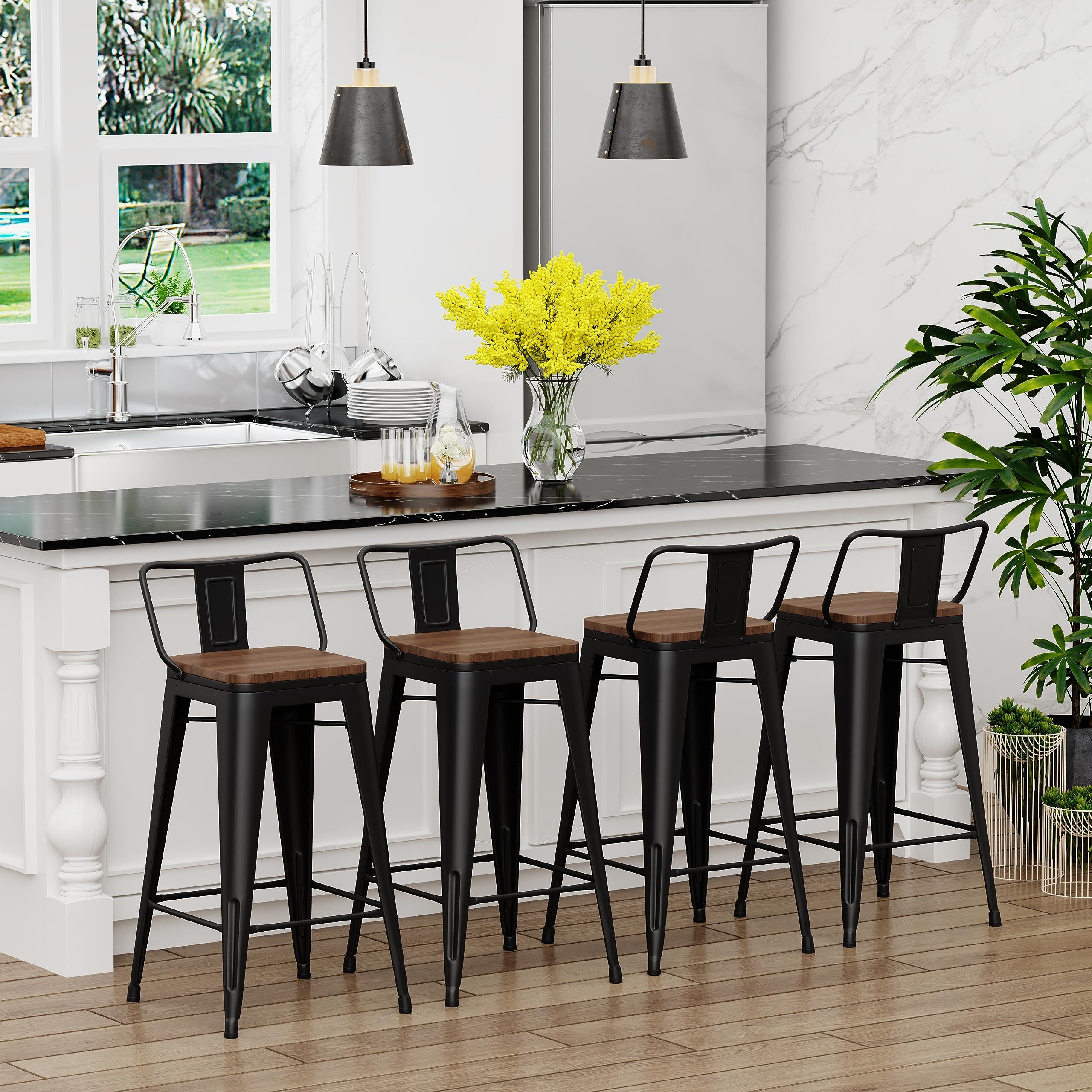 Yongchuang 30 inch Bar Stools Set of 4 Bar Height Metal Barstools with Wood Seat Low Back Kitchen Bar Chairs Matte Black - Image 4
