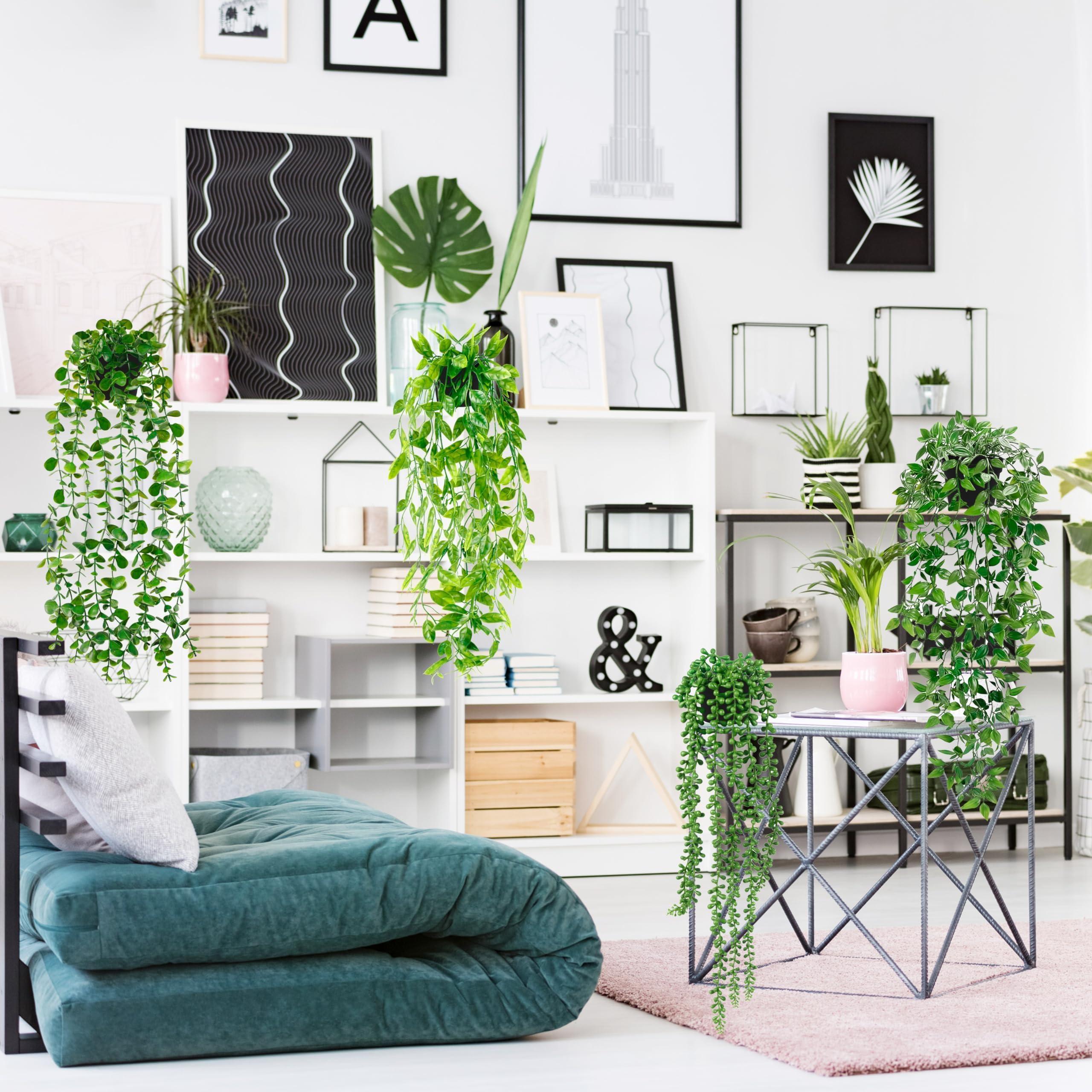 Artificial Hanging Plants for Shelf, 4 Pack Fake Potted Greenery Faux Eucalyptus Vine, Mandala Vine, String of Pearls,Pea pod Leaves in Pot for Office Living Room Bathroom Indoor Outdoor Décor - Image 2