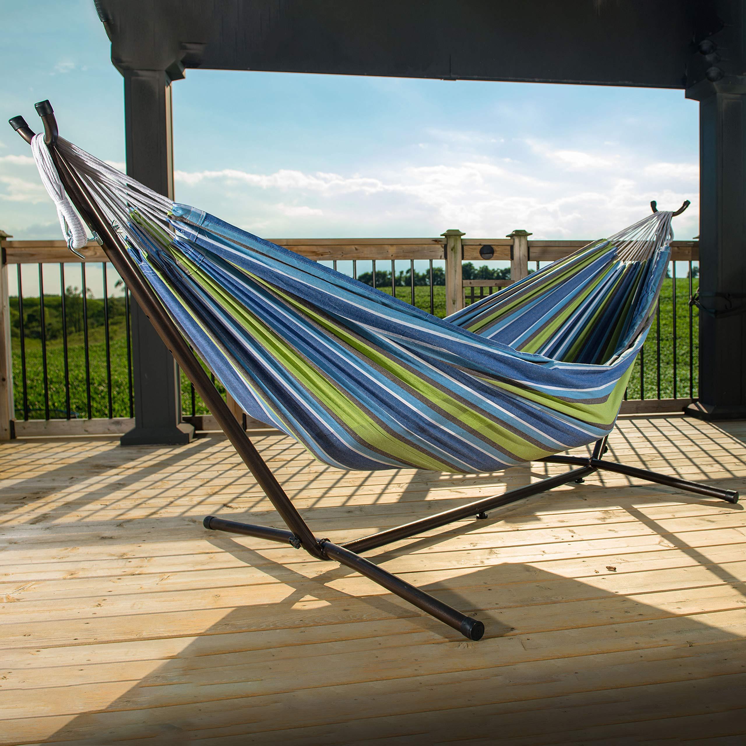 Vivere Double Cotton Hammock with Space Saving Steel Stand, Upgraded Polyester End Strings 450 lb Capacity - Premium Carry Bag Included - USA Grown Cotton (Oasis) - Image 2