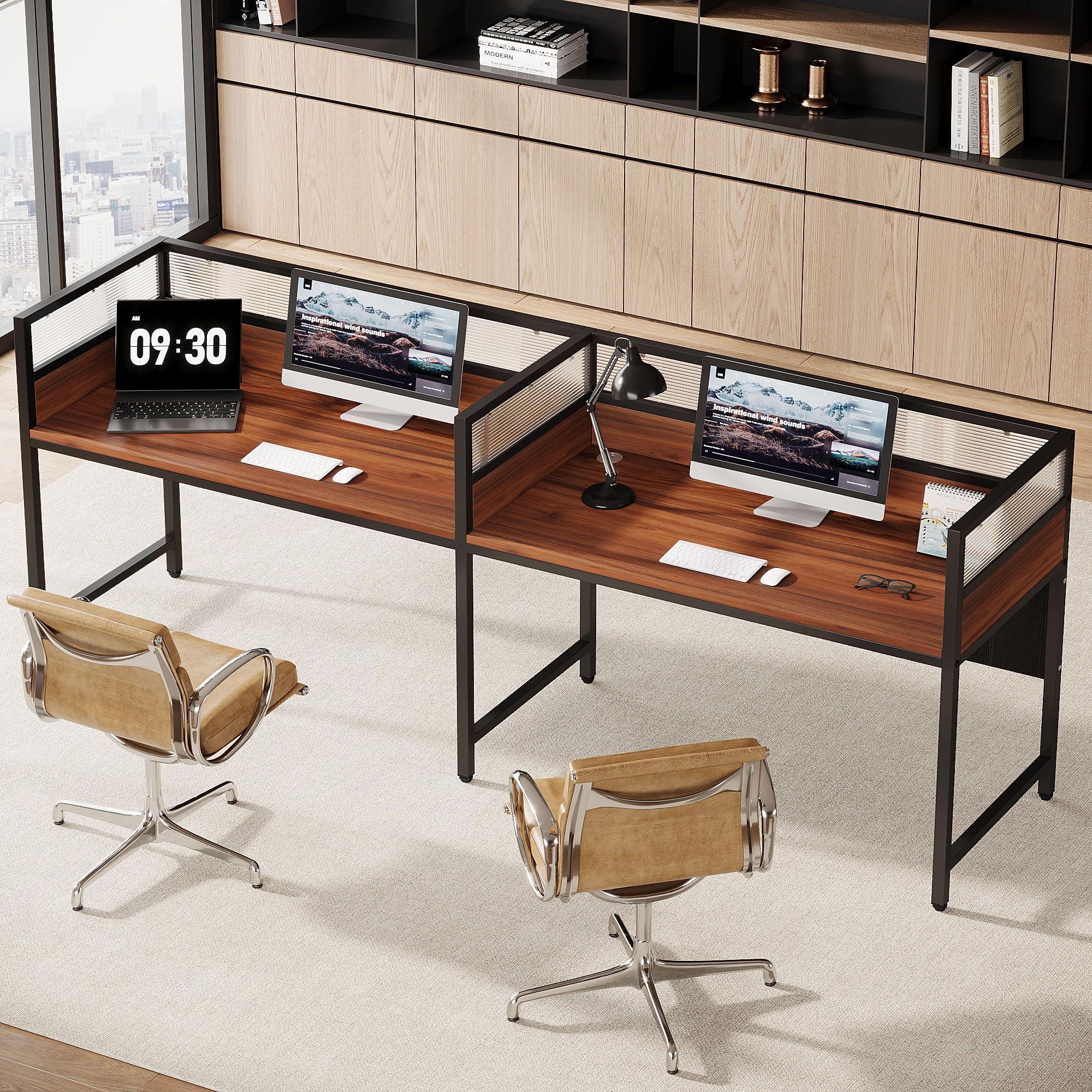 Tribesigns 94.48" Two-Person Office Desk with Privacy Panel, Long Computer Double Desk for 2 People, Modular Workstation Table with Wire Grommet for Office, Brown & Black - Image 3