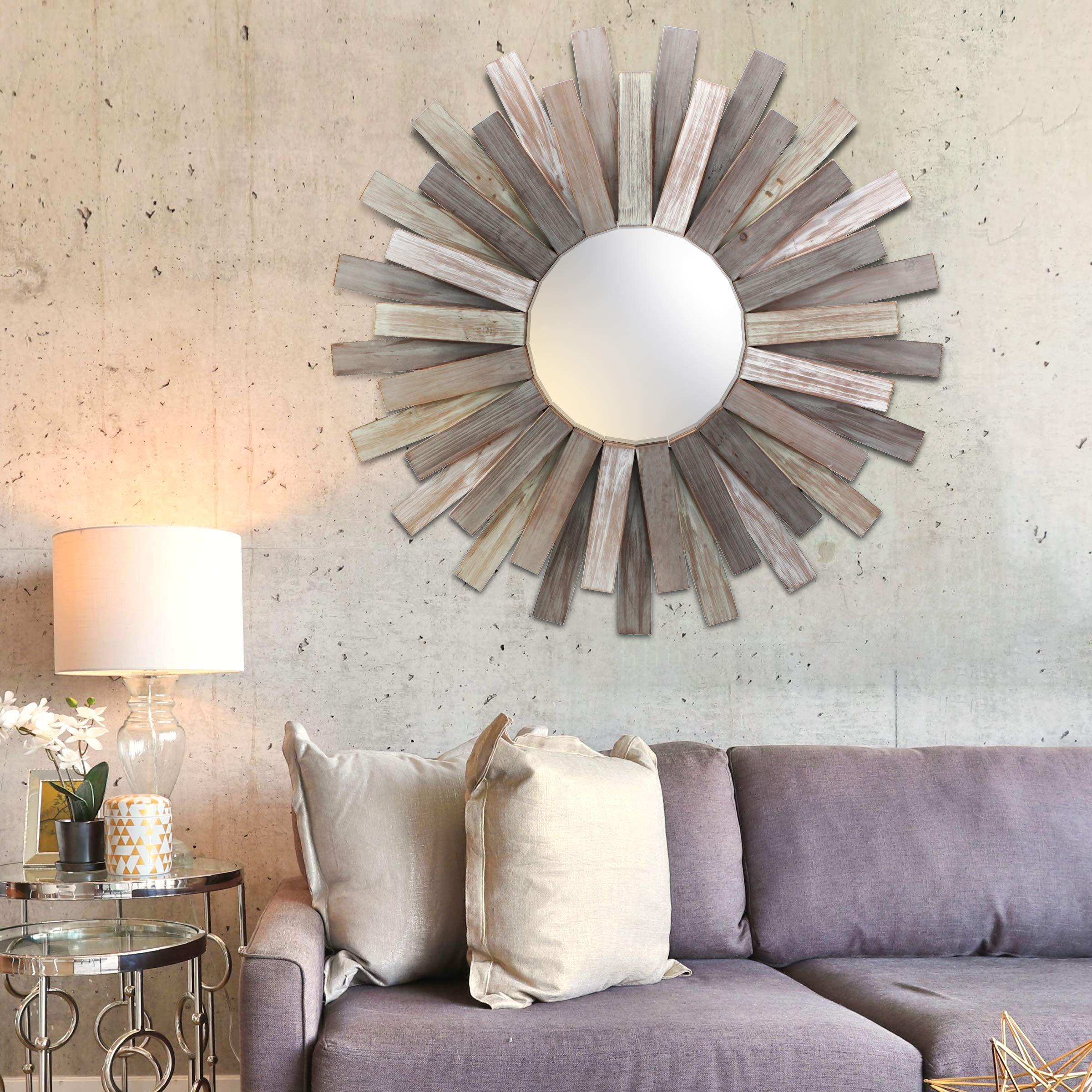 Stonebriar Large Round 32" Wooden Sunburst Wall Mirror with Attached Hanging Bracket, Decorative Rustic Decor for the Living Room, Bathroom, Bedroom, and Entryway, Multi Color - Image 7