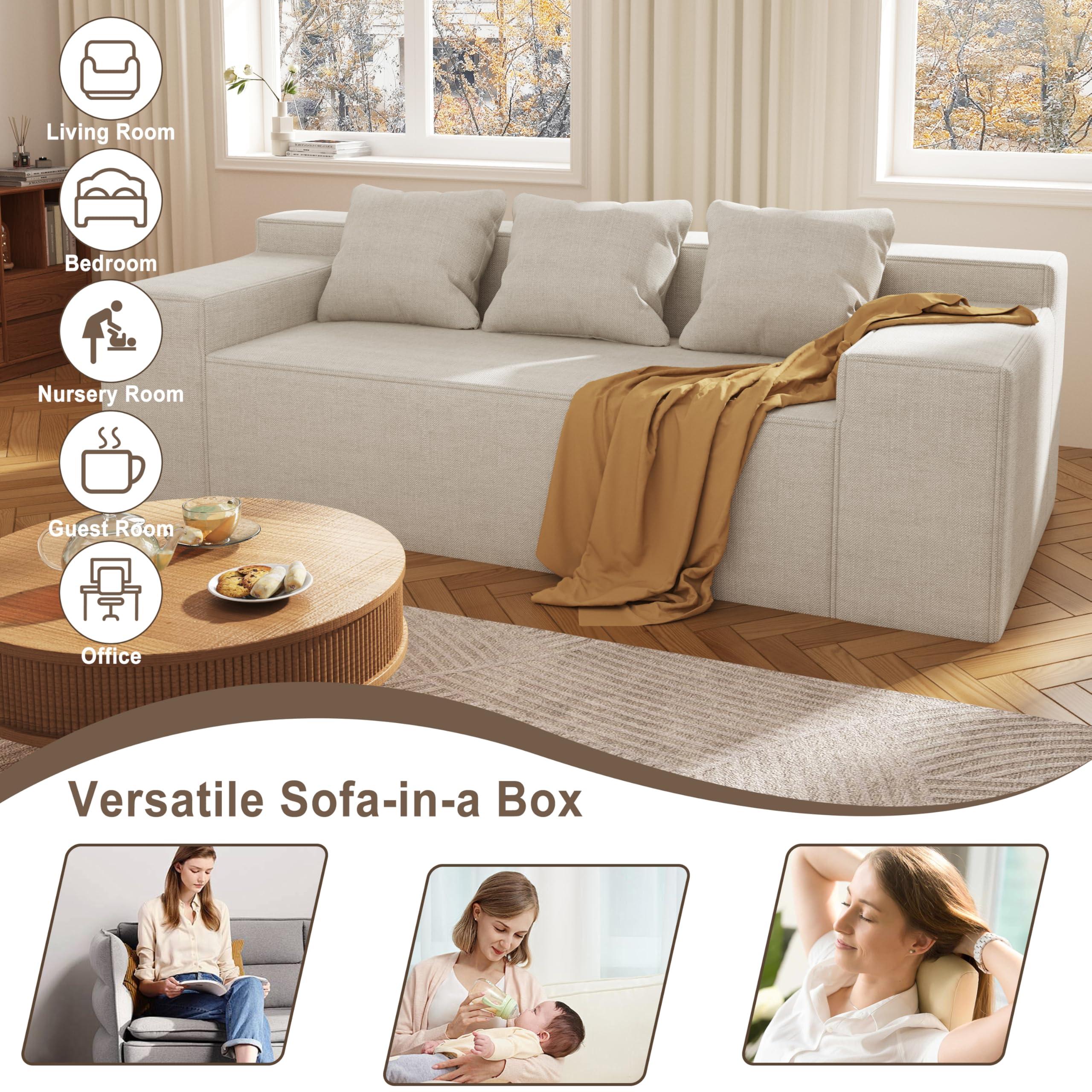 Modern 3-Seater Sofa, Hybrid Sofa in a Box, No Assembly Required, Comfy Sofa Couch with 3 Matching Pillows, Cat-Scratch Resistant Linen, Couch for Living Room or Bedroom, Beige - Image 7