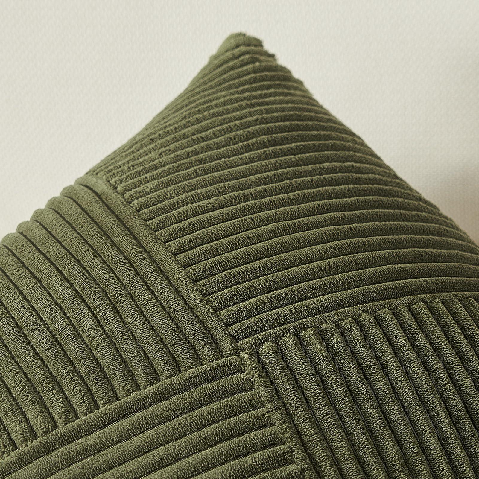 Topfinel Olive Green Decorative Throw Pillow Covers Set of 2 18x18 Inches for Couch Bed Sofa, Boho Aesthetic Home Decor, Soft Corduroy Striped Patchwork Windmill Textured Cushion Cases 45x45 cm - Image 4