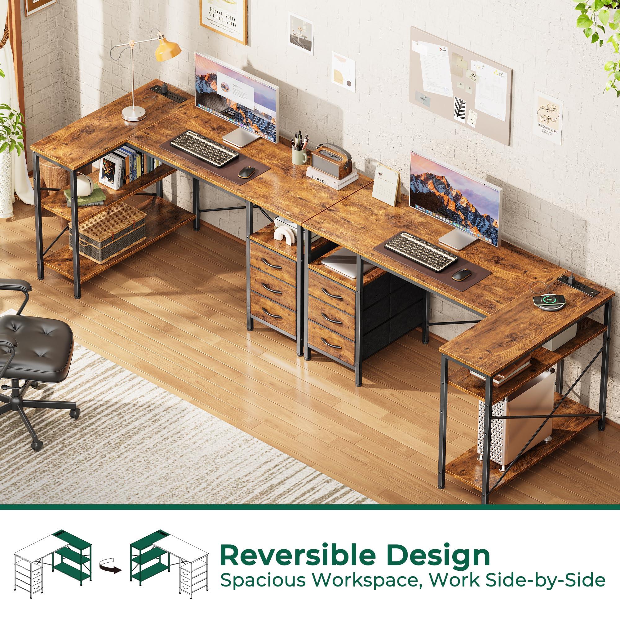 Huuger L Shaped Office Desk with Power Outlets, 47 Inch Computer Desk with 3 Drawers, Shelves, for Gaming, Corner Work, Home Office, Study, Rustic Brown - Image 4