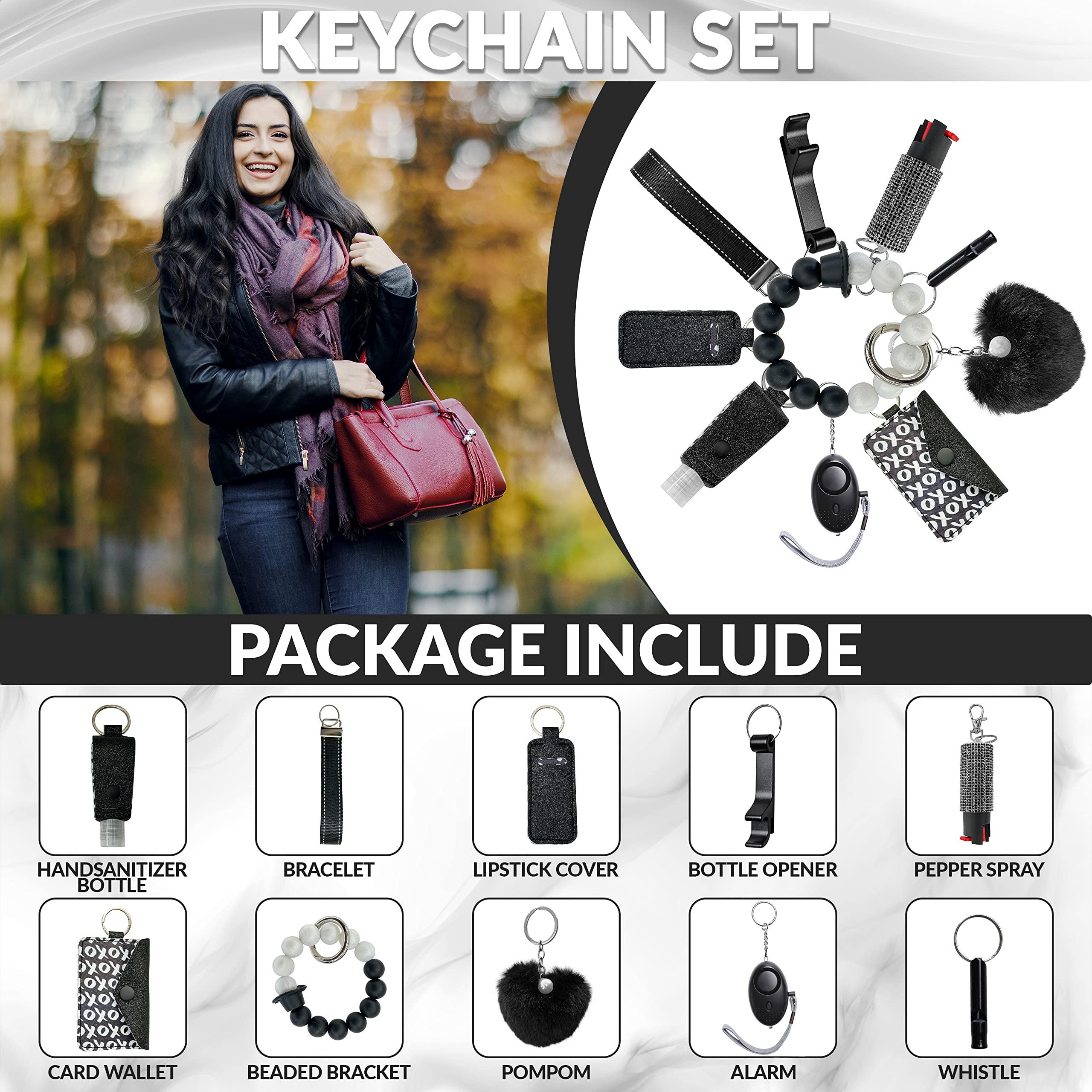 Auxu Keychain Set for Women and Girls Includes Beaded Wristlet, Pom Pom, Credit Card Puller and Personal Alarm - Image 2