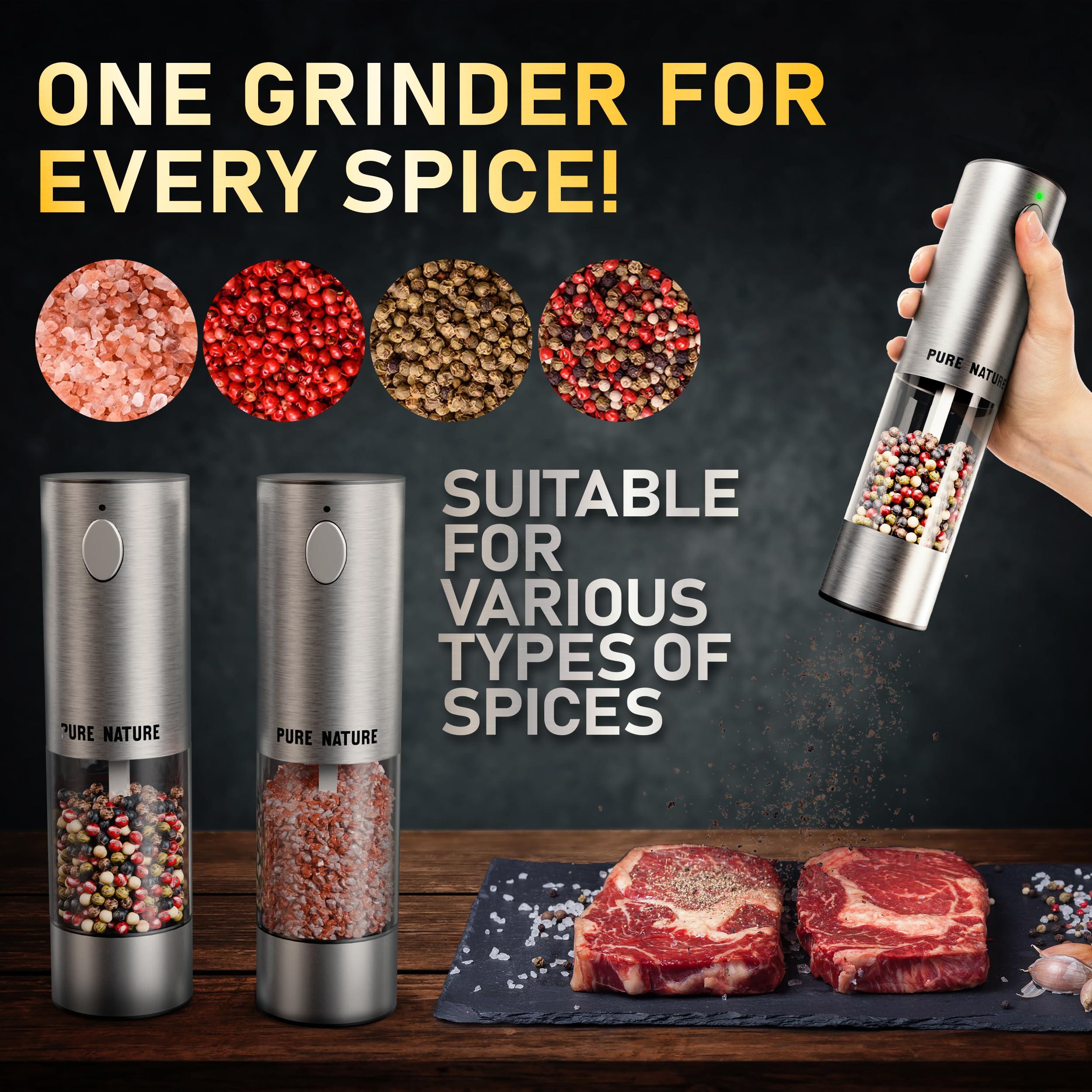 Pure Nature Salt and Pepper Grinder Set with rechargeable base. Premium Stainless Steel up-graded larger capacity with LED Lights, 5 Adjustable Coarseness, Refillable, Type-C Fast Charging. - Image 6