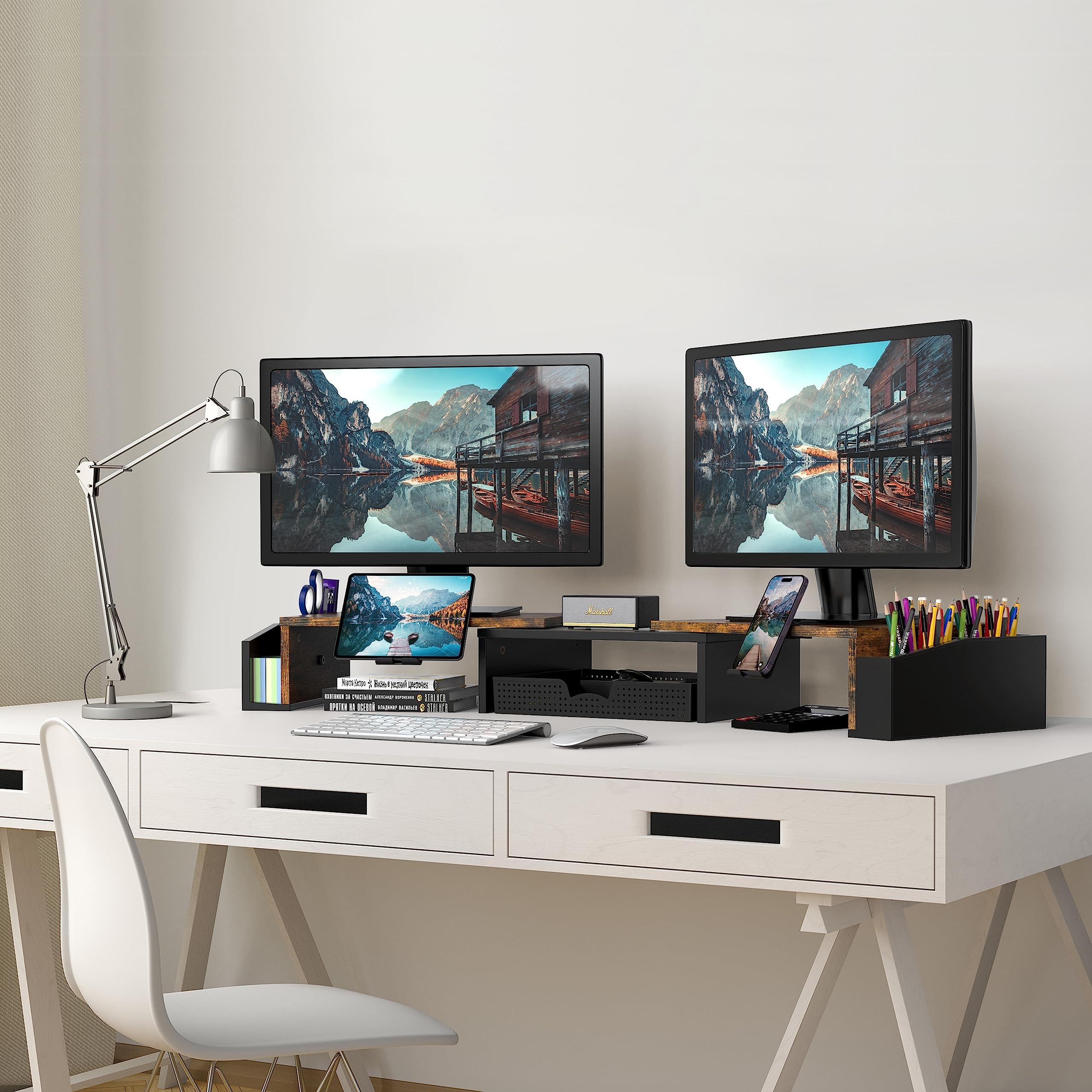 Simple Houseware Desk Dual Monitor Stand Riser with Drawer, Rustic Brown - Image 2