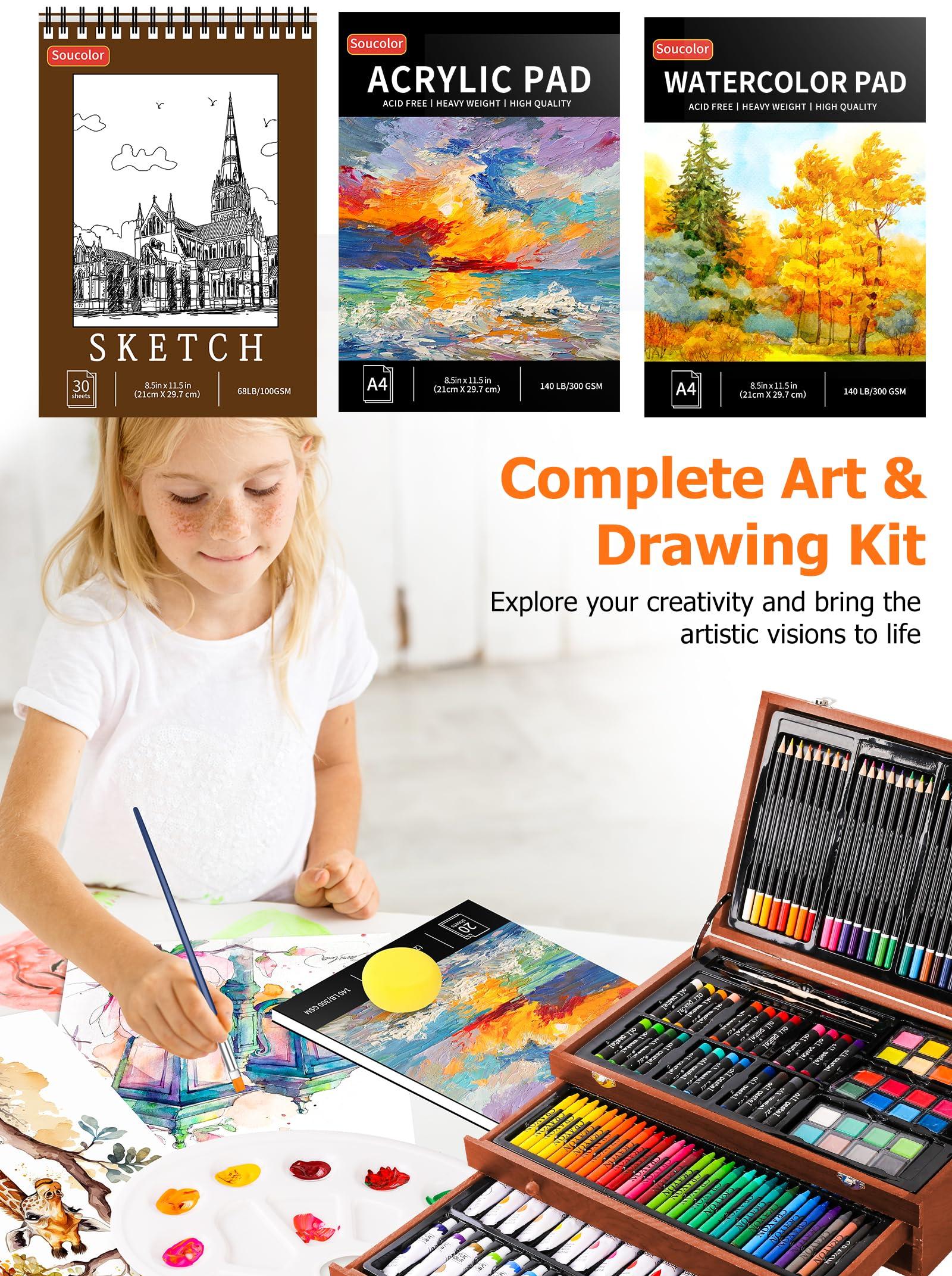 Soucolor Art Supplies, 192-Pack Deluxe Art Set Drawing Painting Supplies Kit with Acrylic Pad, Watercolor Pad, Sketch Book, Canvases, Acrylic Paint, Crayons, Pencils, Gifts for Artist Adults Teen Kids - Image 4