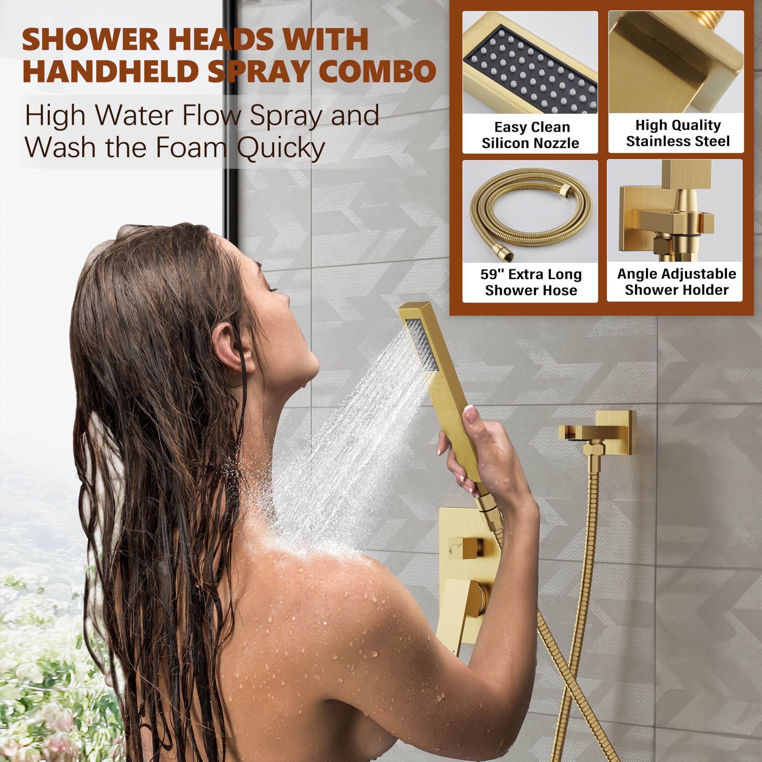 Kurpot Gold Shower System, 10'' Square Rainfall Shower Head with Handheld Combo Spray, Bathroom Brushed Gold Shower Faucet Set with Valve, 59'' Shower Hose, Shower Trim Kit and Diverter, Wall Mounted - Image 4