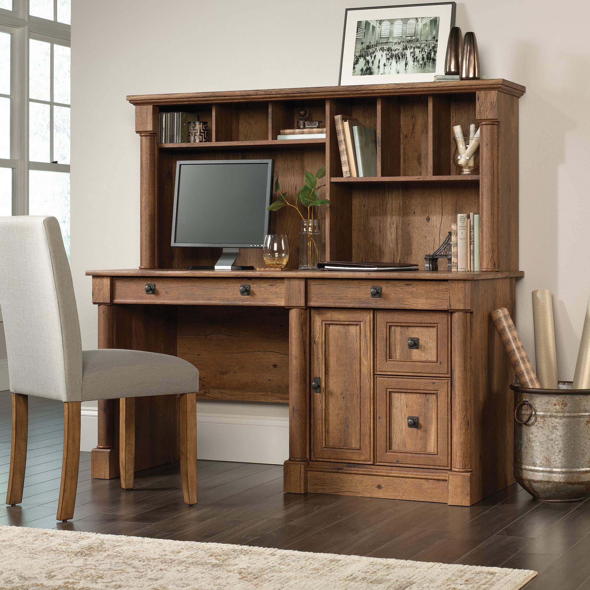 Sauder Palladia Computer Desk with Hutch, Home Office Desk with Drawers, File Cabinet Storage Drawer, Cable Management, Keyboard Tray, in Vintage Oak finish - Image 2