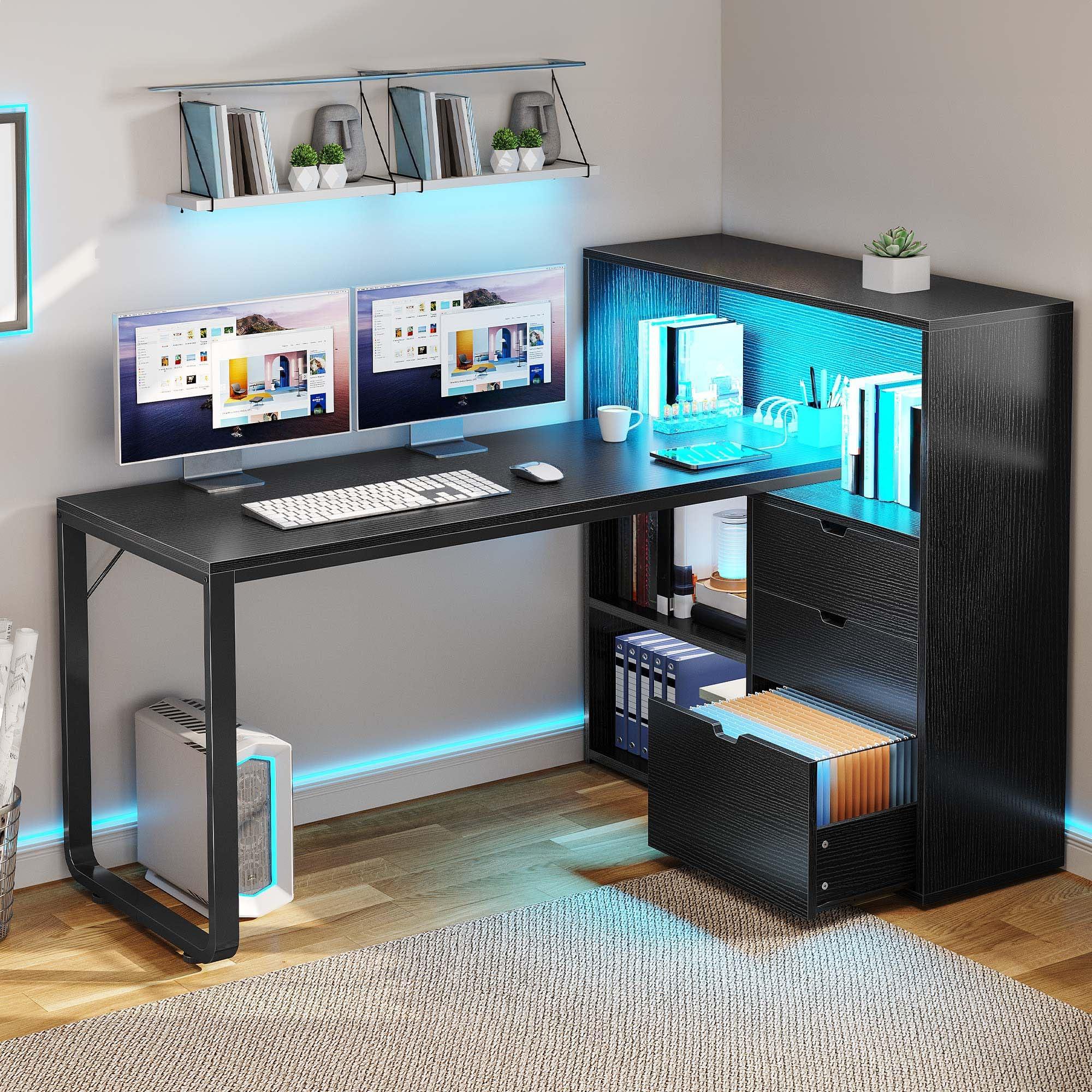 DWVO L Shaped Desk with Drawers & Power Outlets, 55" Computer Desk with Bookshelf, Corner Desk Home Office Desk with Storage Shelves & LED Lights, Black - Image 3