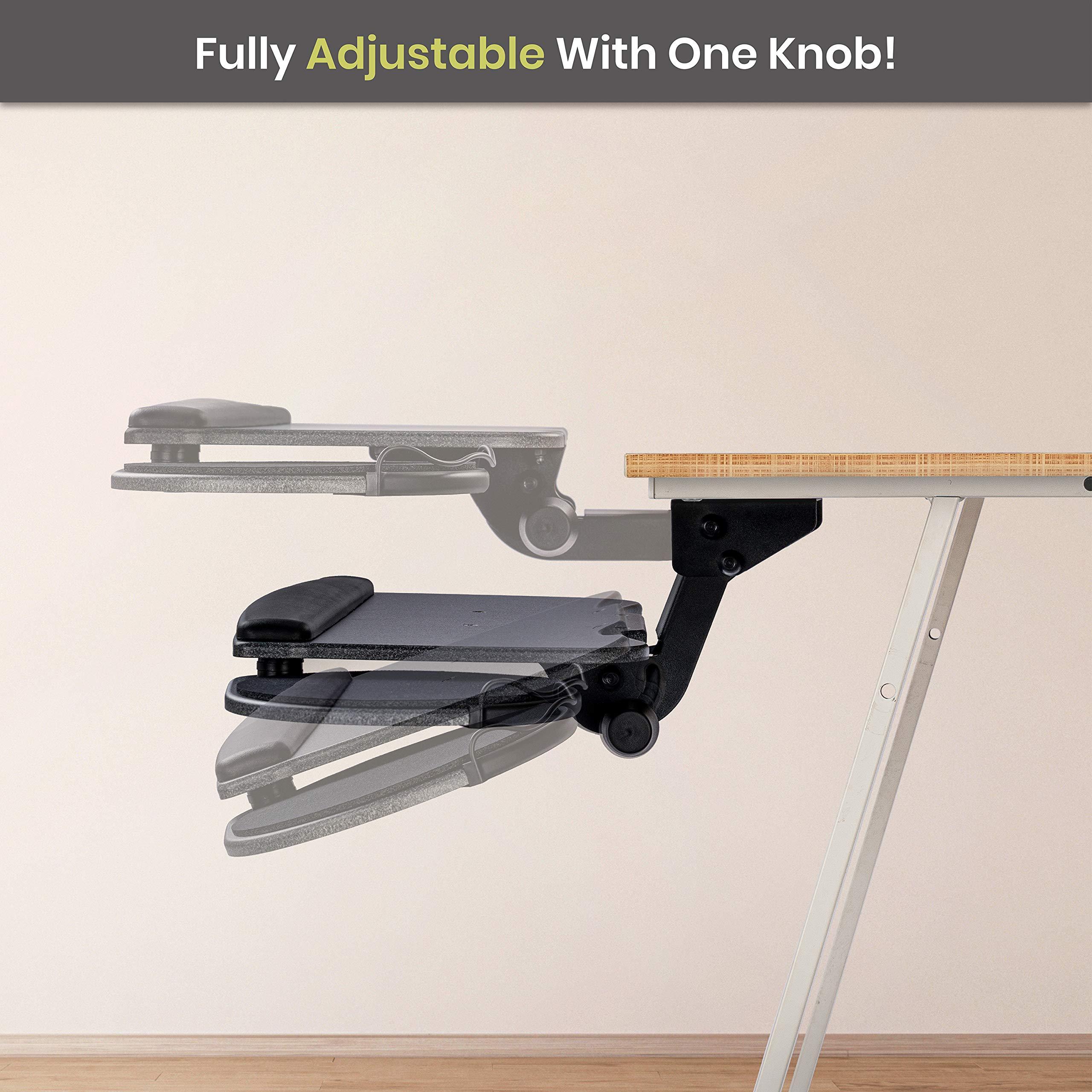 FERSGO Under Desk Keyboard Tray, 20" x 11" Tray, 17.75" Track, One Knob Control, Undermount Sliding Computer Keyboard and Mouse Tray with Wrist Rest, Swivels 360° with Adjustable Height and ±15° Tilt - Image 7