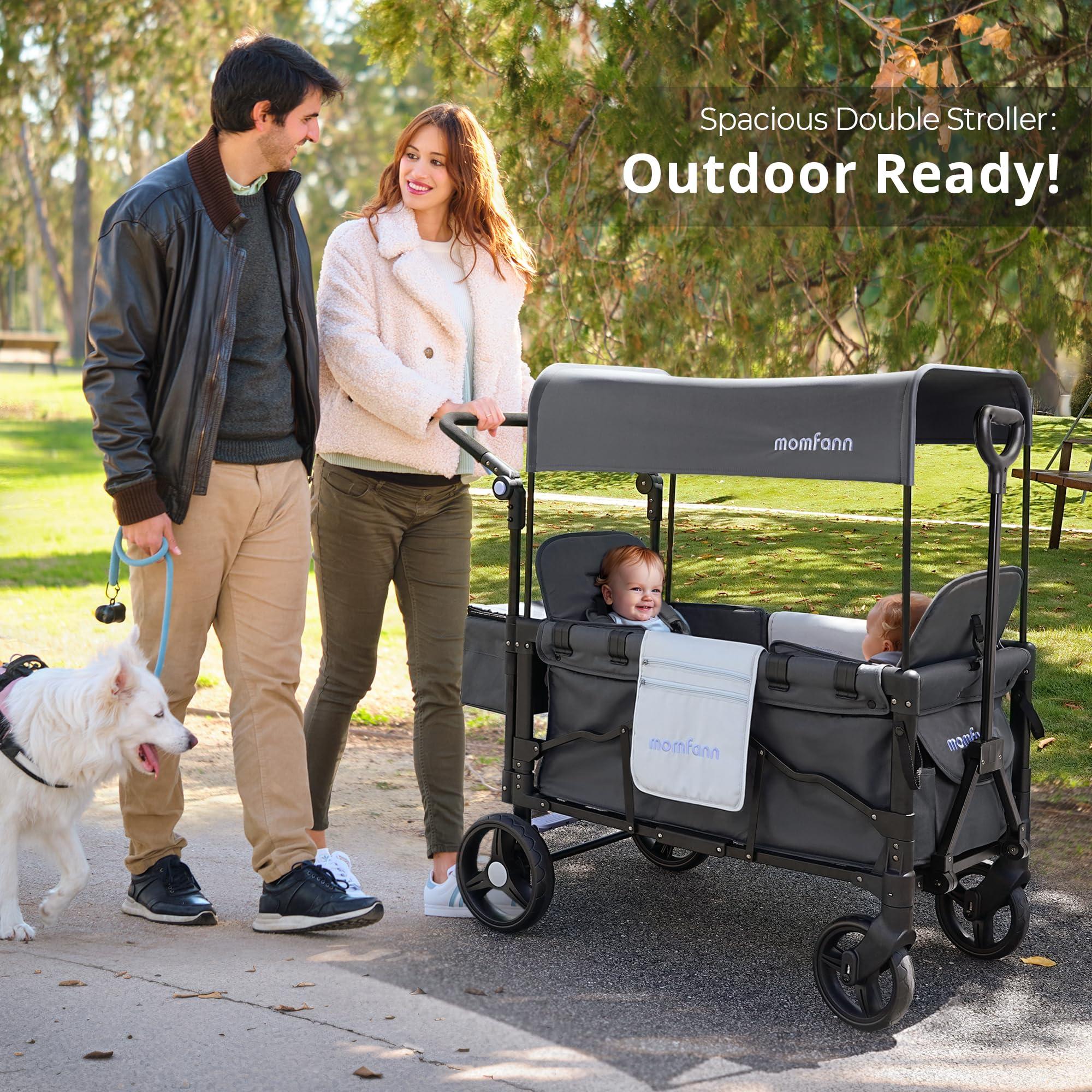 MOMFANN Double-Seater Baby Wagon with Canopy, Push Pull Stroller with Adjustable Handle, Wagon Stroller for 2 Kids & Outdoor Adventures (Dark Grey) - Image 2