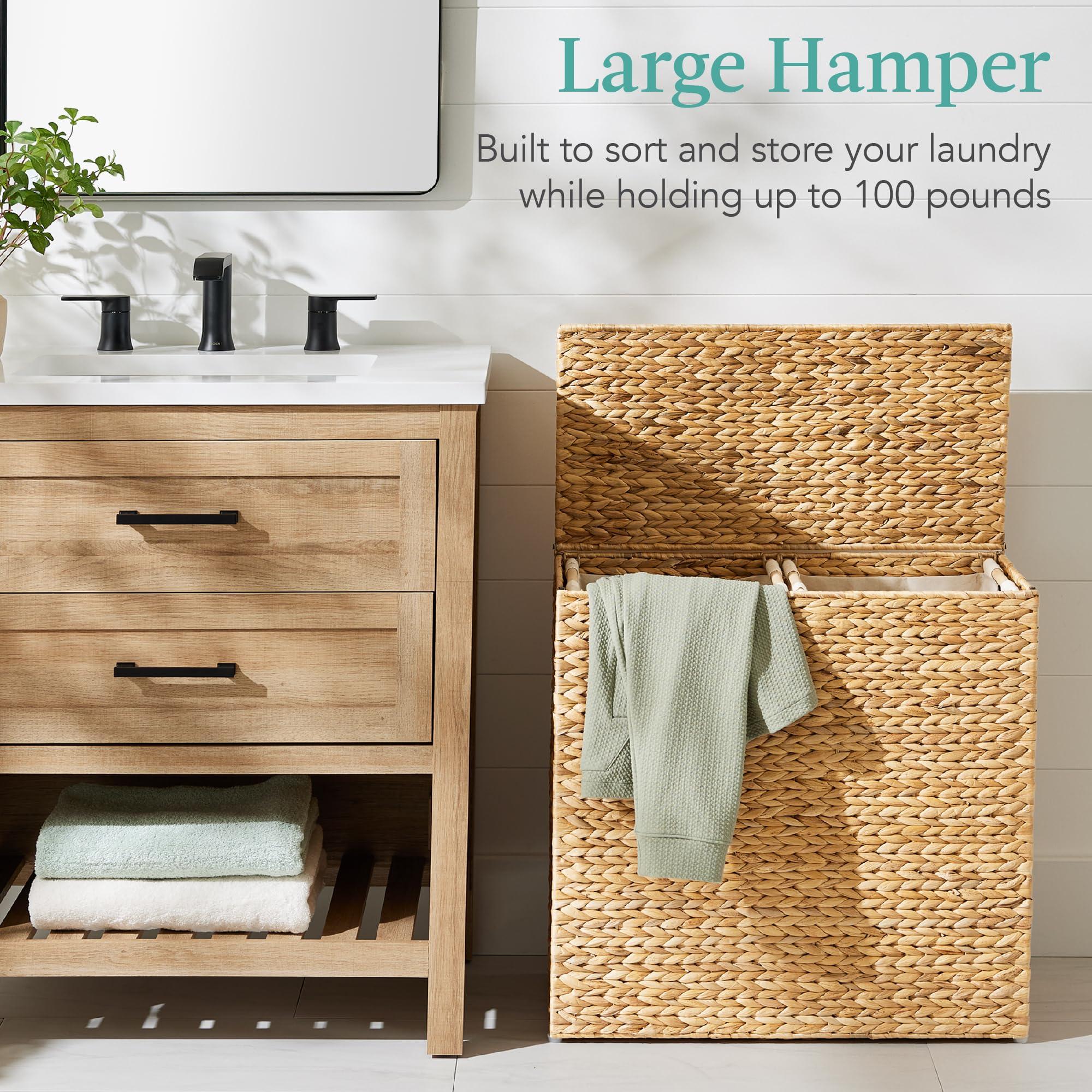Best Choice Products Large Double Laundry Hamper with Lid, Natural Handwoven Water Hyacinth, 2 Sections w/ 2 Machine Washable Linen Liner Bags, Portable, Handles - Natural - Image 3