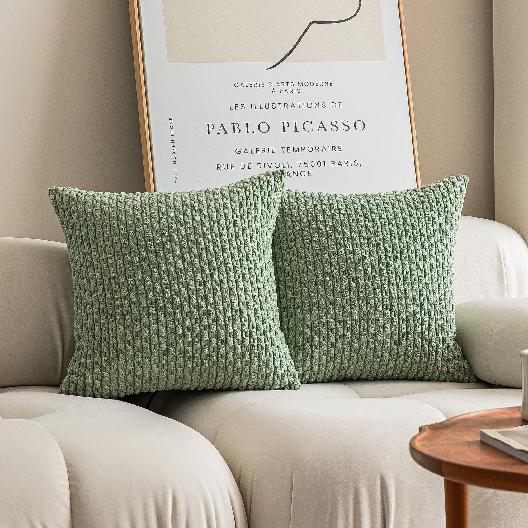 Kevin Textile 2 Packs Decorative Throw Pillow Covers 18x18 Inch for Living Room Couch Bed Spring Sofa Soft Striped Corduroy Square Cushion Case 45x45 cm Farmhouse Boho Home Decor Sage Green