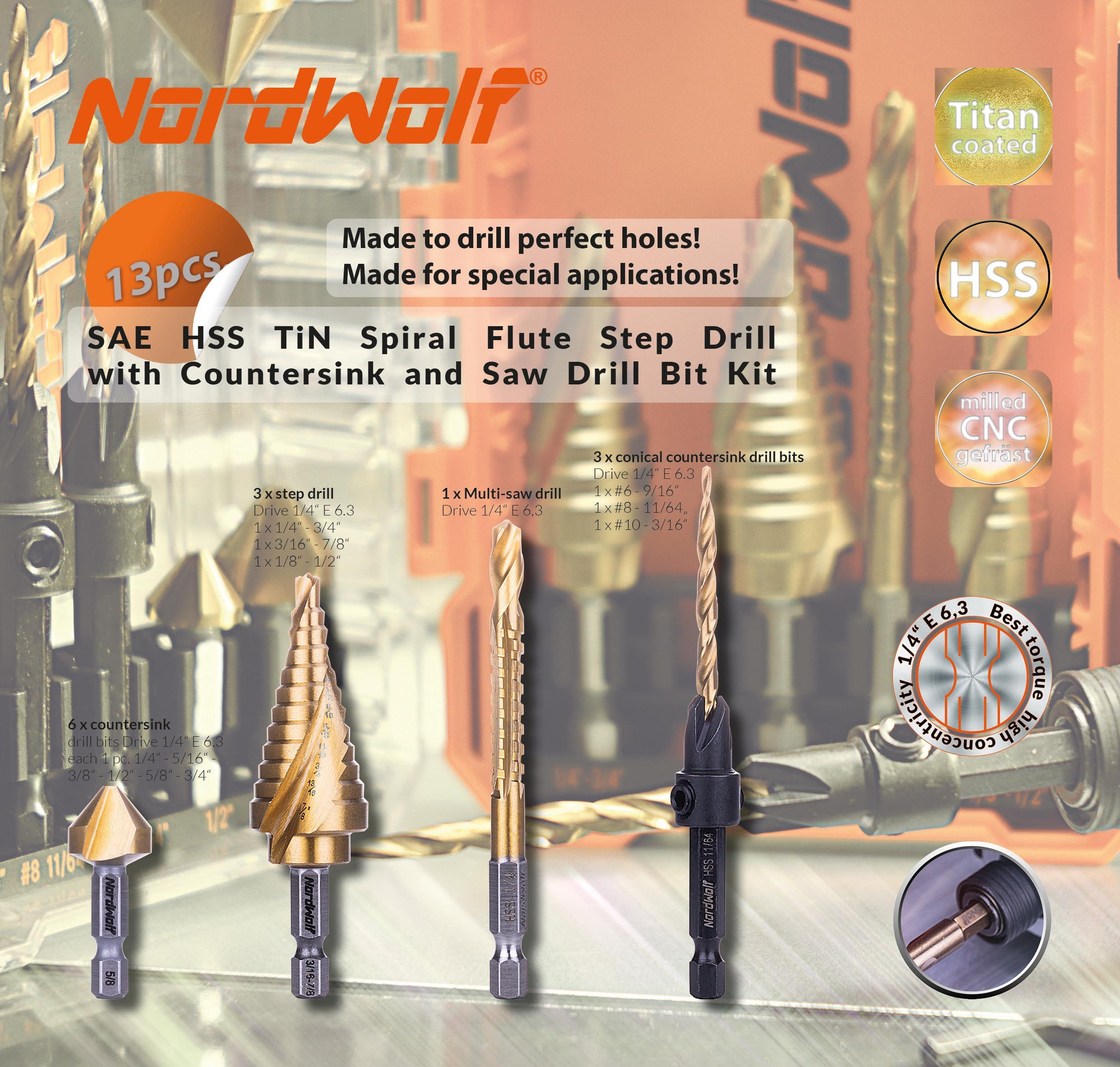 NordWolf 13-Piece HSS Titanium Spiral Flute Step Drill, 82-Degree 3 Flutes Countersink & Tapered Drill 4 Cutters Countersink and Saw Drill Bit Set with 1/4" Hex Shank in Storage Case - Image 2