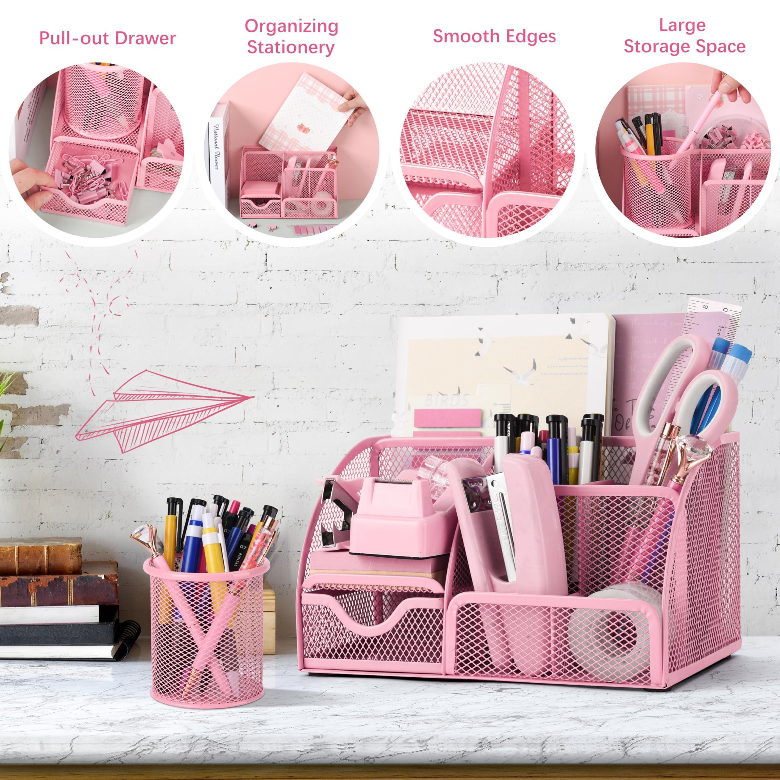 11 Pcs Pink Office Supplies Set Mesh Desk Organizer Accessories Kit Include Stapler Tape Dispenser Staple Remover Clips Ruler Scissors Sticky Notes for Office School Home Women (Pink) - Image 5