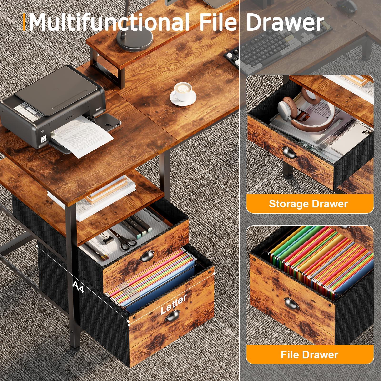 Furologee 66” L Shaped Desk with Power Outlet, Reversible Computer Gaming Desk with File Drawer & 2 Monitor Stands for Home Office with Storage Shelves, Rustic Brown - Image 7