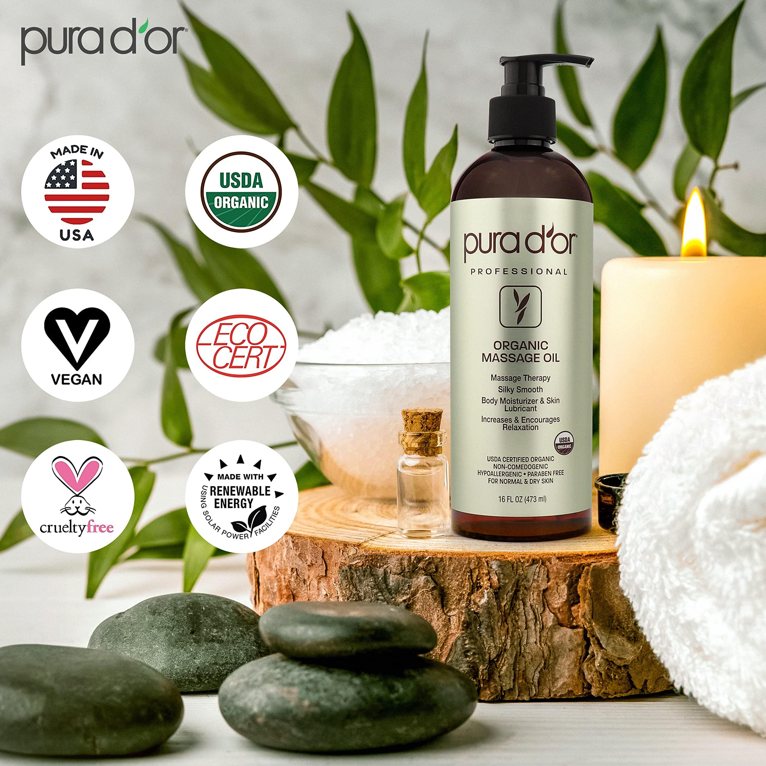PURA D'OR 16 Oz Organic Massage Therapy Oil USDA Certified Almond, Apricot, Argan, Ginger, Jojoba, Lavender Oils for Silky & Softer Skin, Body Moisturizer & Skin Lubricant - Image 4