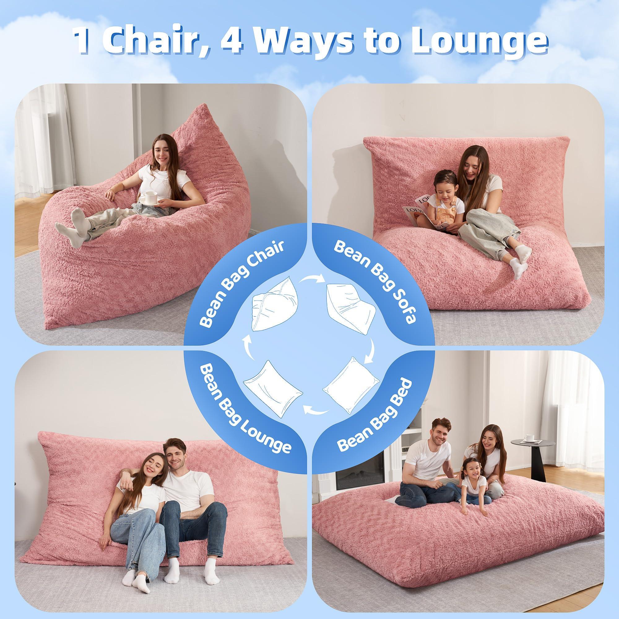 HABUTWAY 4 in 1 Bean Bag Chair, Giant Memory Foam Filling Bean Bag Sofa, Adult Bean Bag Chair, Machine Washable Faux Fur Cover, Bean Bag for Adult (Pink) - Image 6