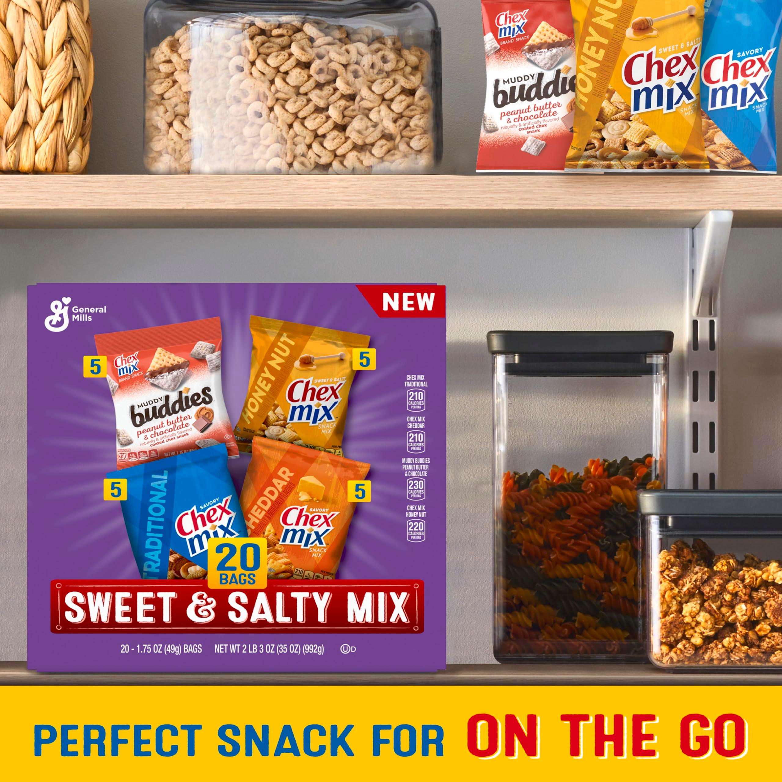 Sweet & Salty Snack Variety Pack, Muddy Buddies Peanut Butter & Chocolate, Chex Mix Traditional, Cheddar & Honey Nut, 35 oz (20 Bags) - Image 7