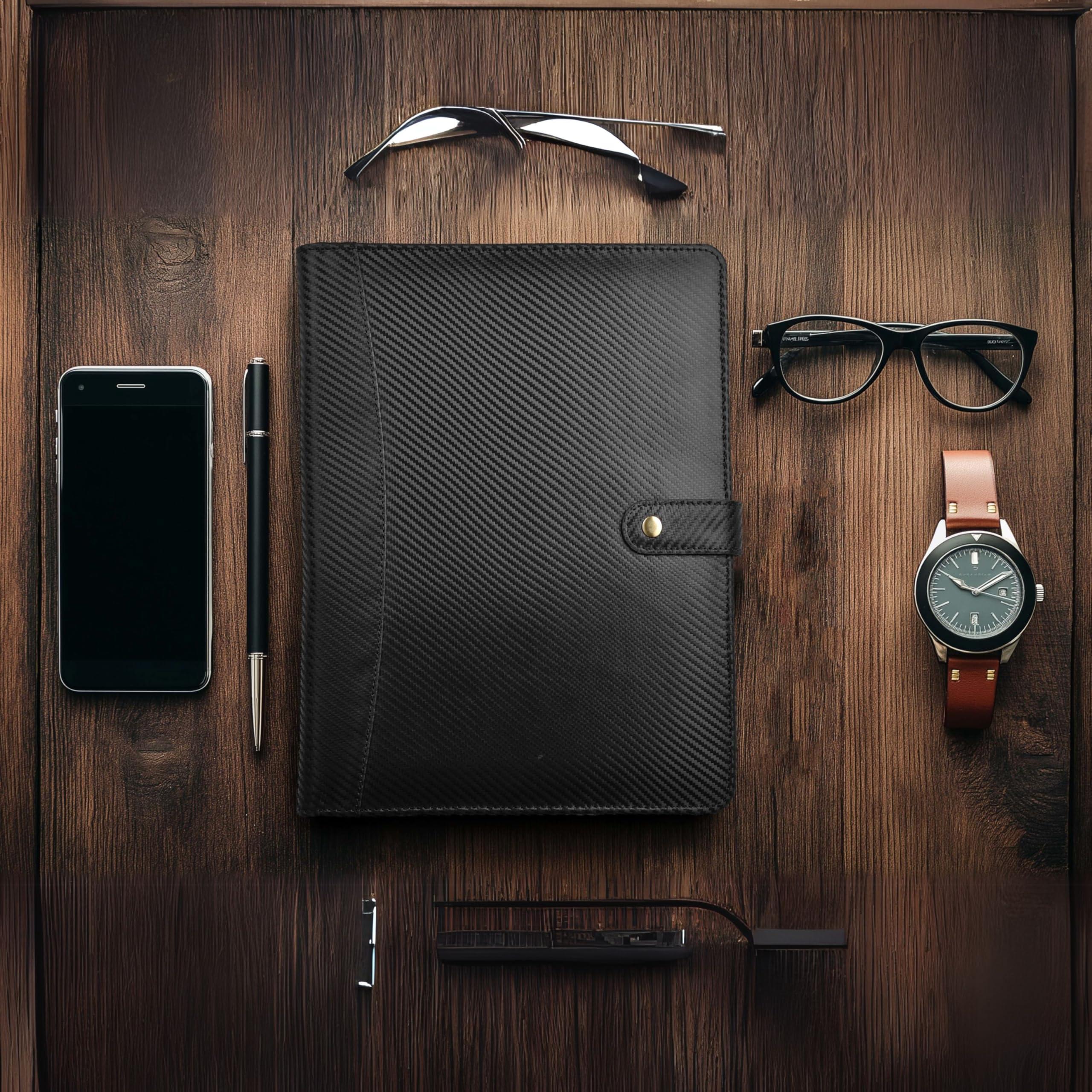 LEATHER VILLAGE Portfolio Professional Organizer – Carbon Fiber Genuine Leather Padfolio Resume Folder for A4 Letter Pad with Pen Holder, Business Card Slots – Ideal for Men & Women - Black - Image 7