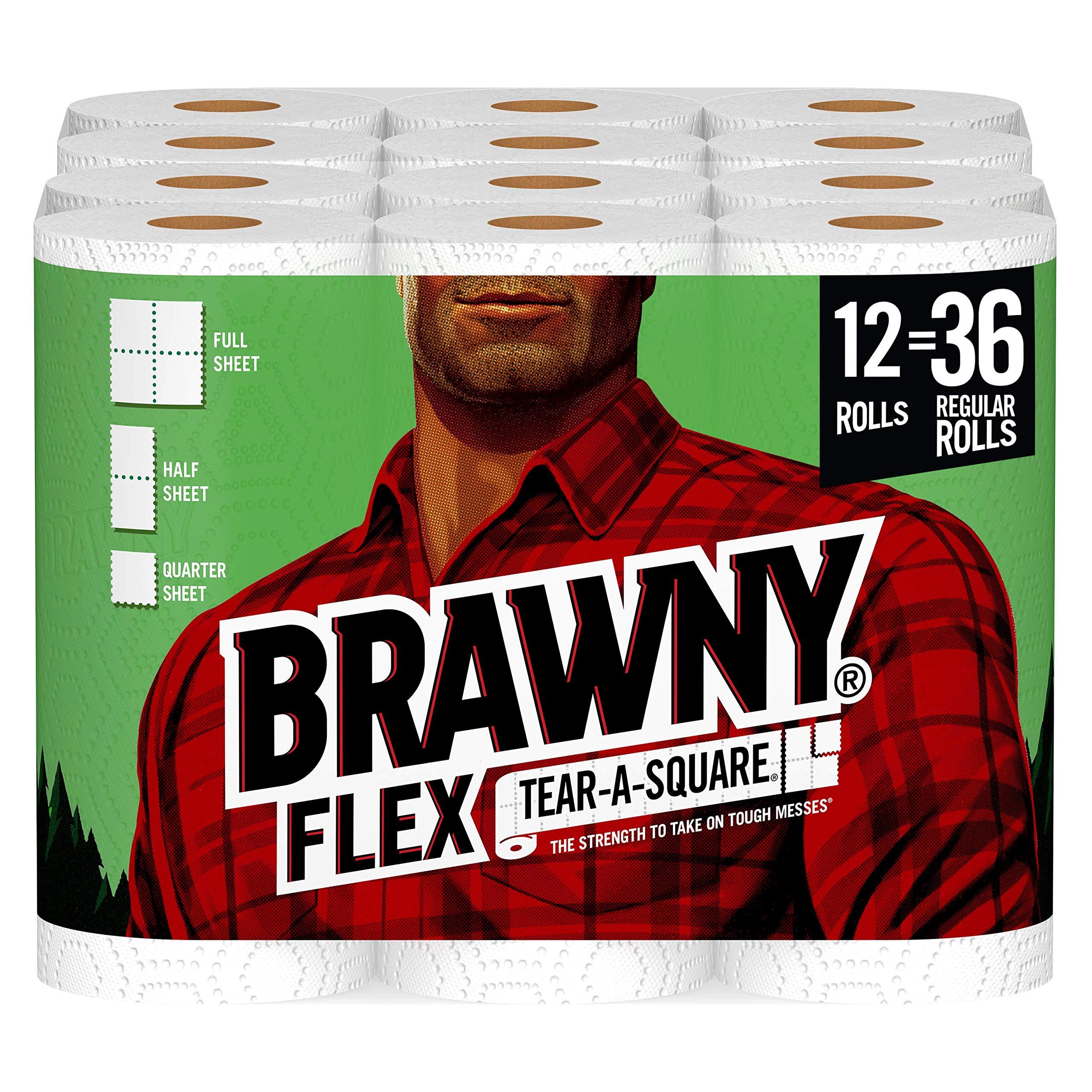 Brawny Flex Paper Towels, 12 Triple Rolls = 36 Regular Rolls, Tear-A-Square, 3 Sheet Size Options, Quarter Size Sheets, 12 Count (Pack of 1)